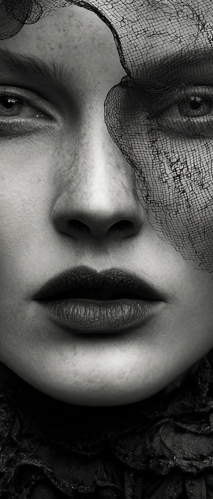 A triptych portrait of a woman’s face, partially covered by a black veil, framed by abstract red and black textures.