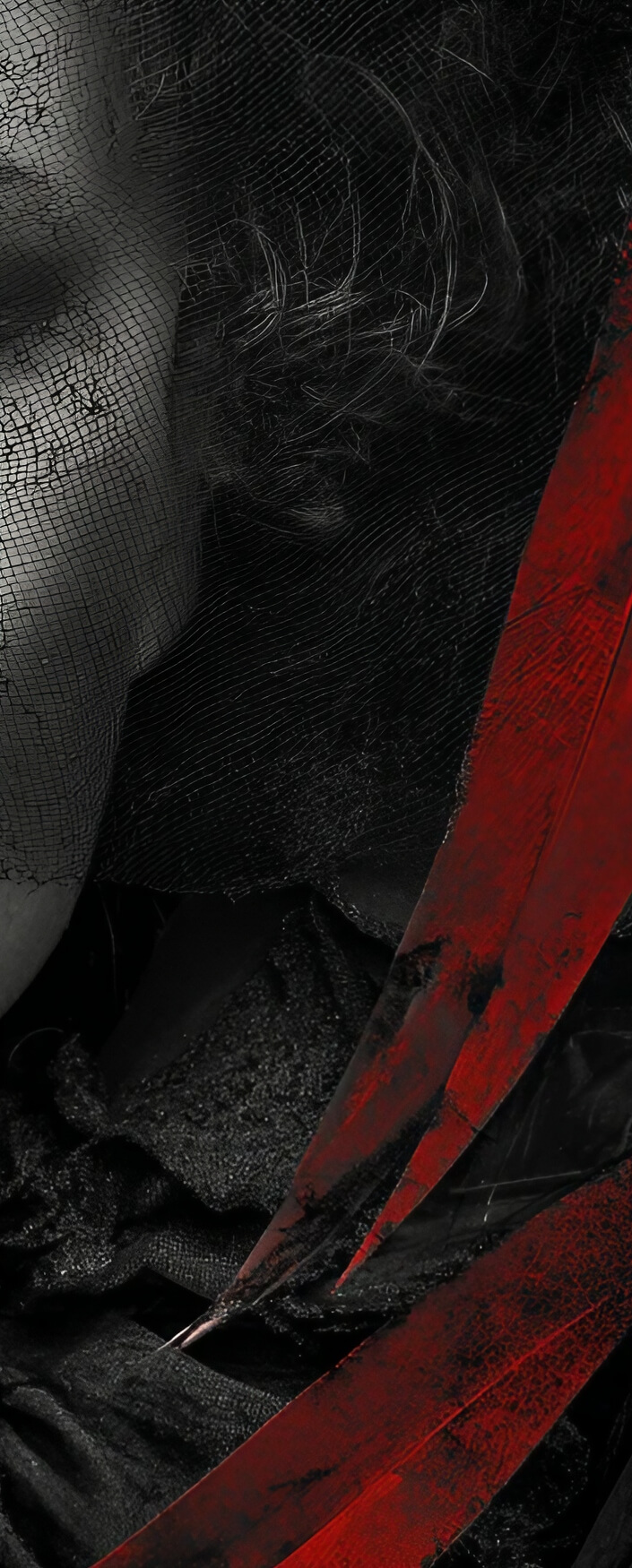 A triptych portrait of a woman’s face, partially covered by a black veil, framed by abstract red and black textures.