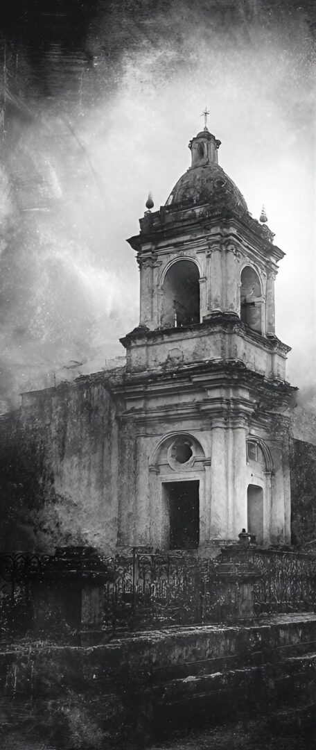 A black and white, atmospheric image of an old, weathered church bell tower with a distressed, gothic texture and a wrought iron fence in the foreground.