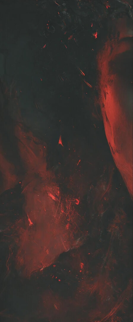 A triptych featuring a central, intense close-up of a person's screaming face, flanked by two panels of dark, abstract textures with red highlights.