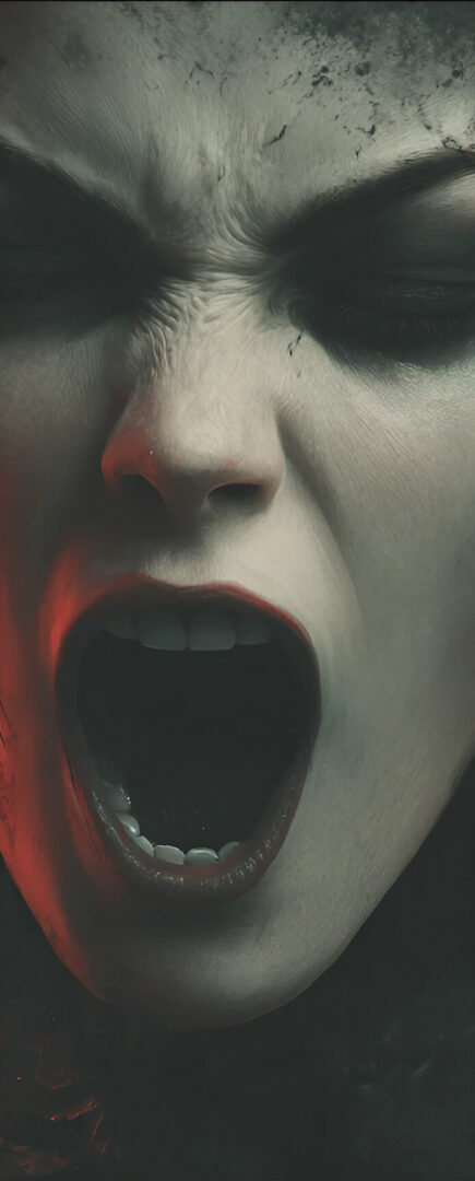 A triptych featuring a central, intense close-up of a person's screaming face, flanked by two panels of dark, abstract textures with red highlights.