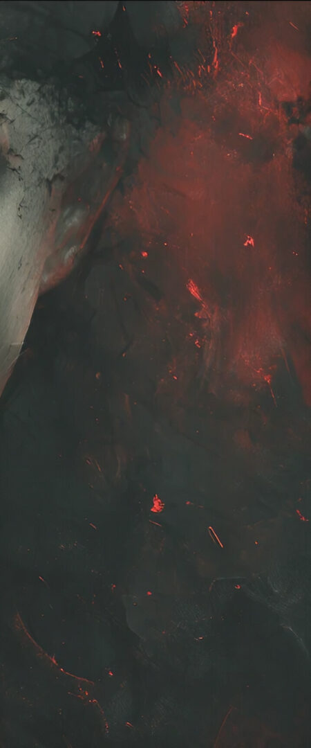 A triptych featuring a central, intense close-up of a person's screaming face, flanked by two panels of dark, abstract textures with red highlights.