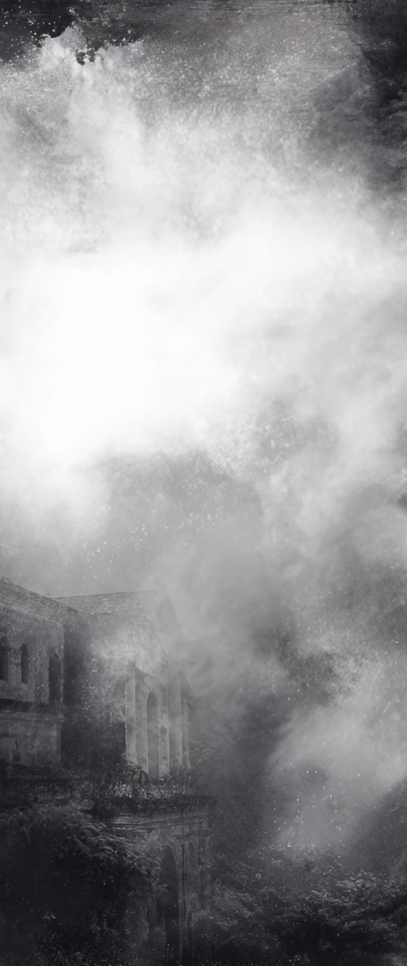AExpo A black and white, atmospheric image of a ruined building being enveloped by a large, swirling cloud of white dust and debris.