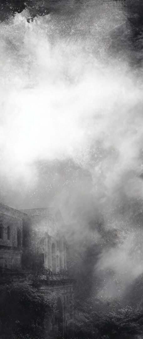 A black and white, atmospheric image of a ruined building being enveloped by a large, swirling cloud of white dust and debris.