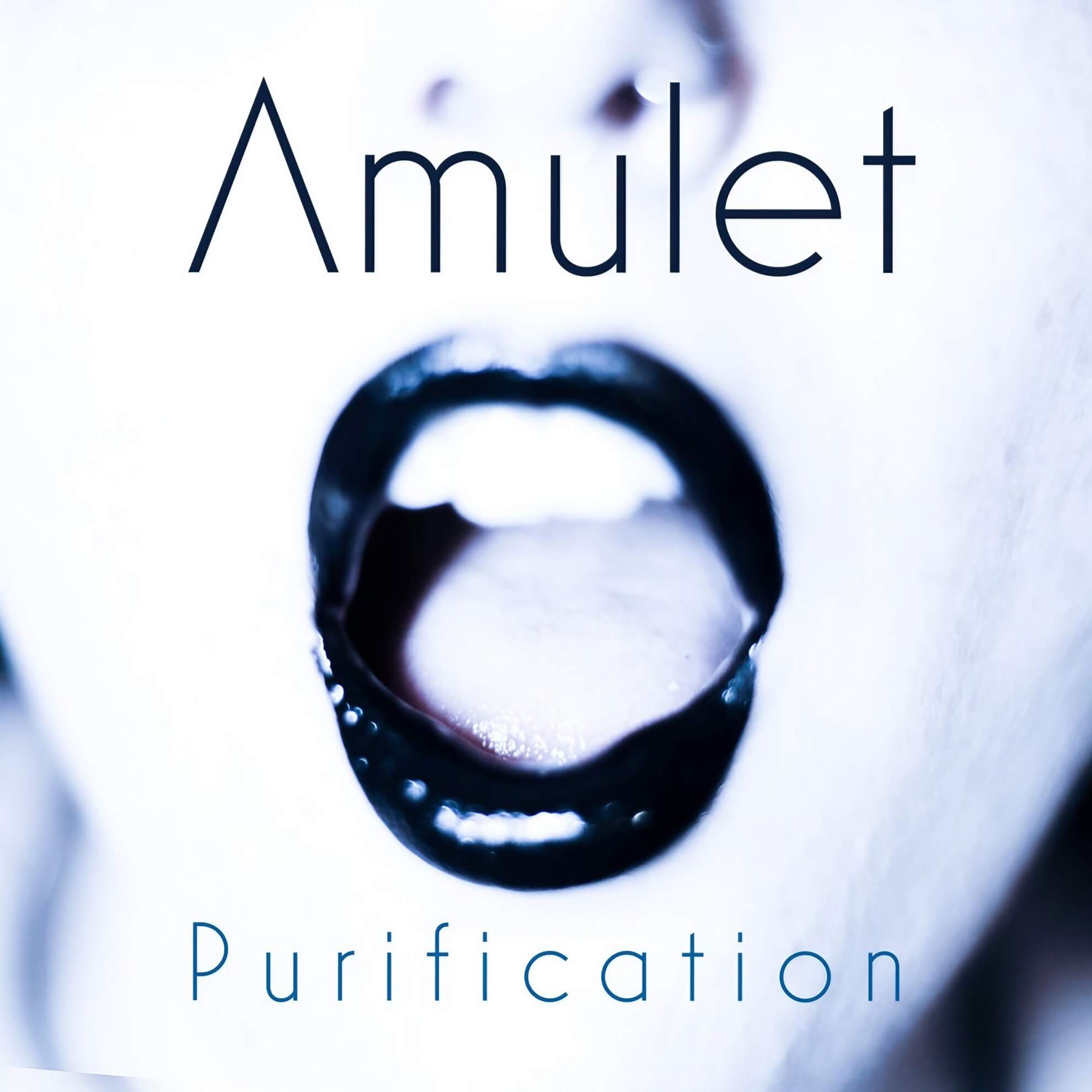 Album cover for ‘Purification.’ A close-up of an open mouth with glossy black lipstick, against a blue-tinted background.