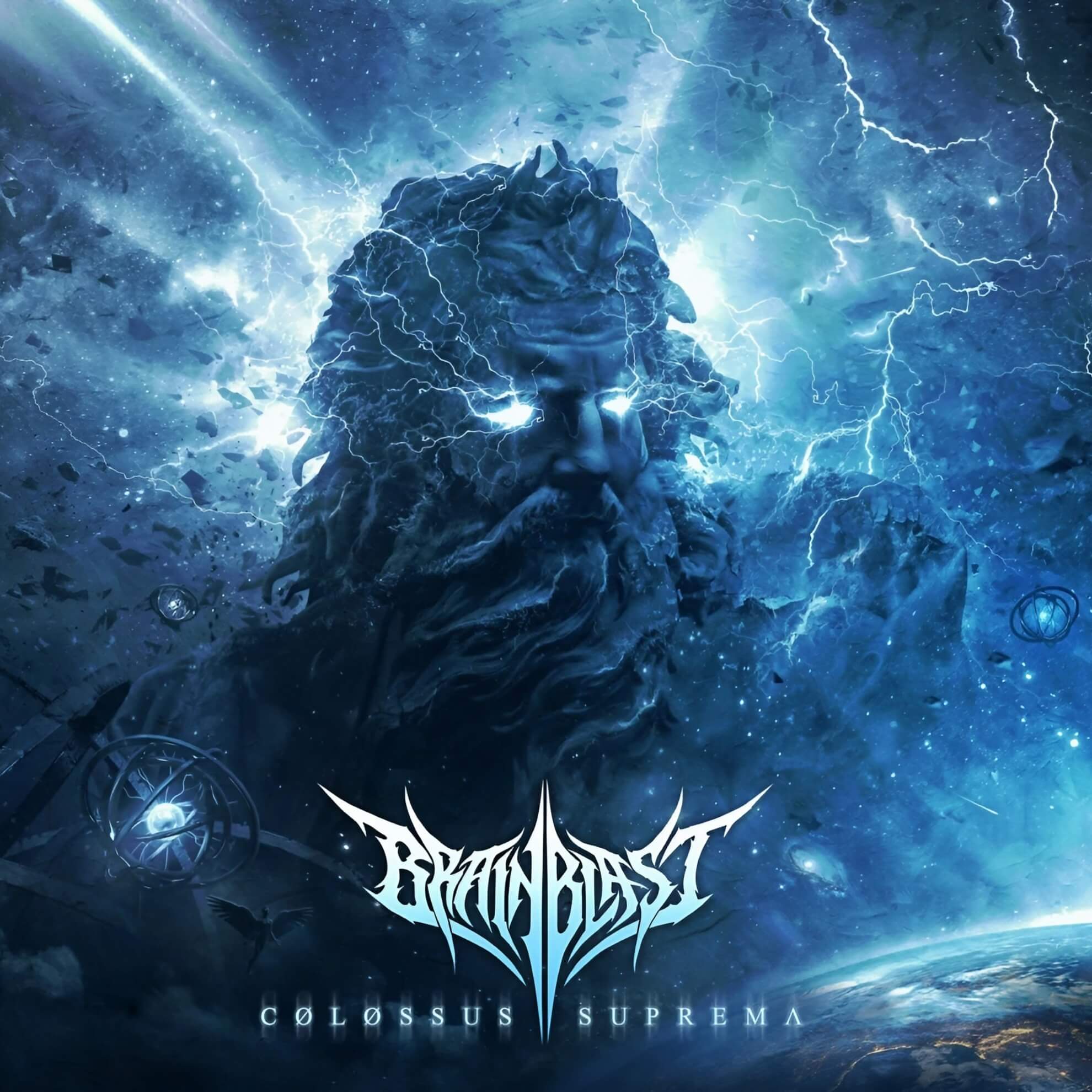 Album cover for ‘Colossus Suprema.’ A colossal stone deity with glowing eyes floats above a planet amid cosmic lightning.