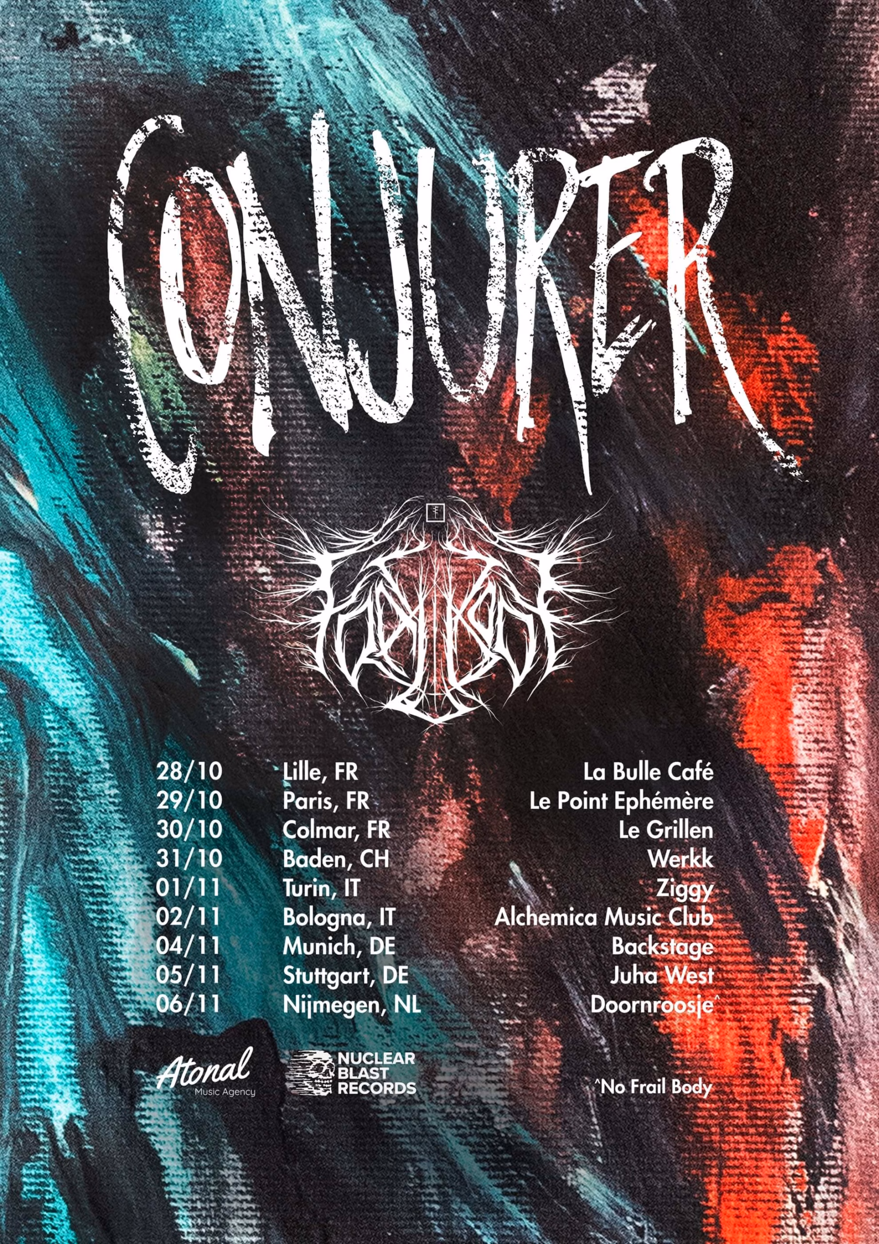 Conjurer: Deconstructing the Self to Rebuild the Sound with ‘Unself’ Poster for Conjurer’s 2025 European tour. Features abstract, dark brushstroke art and lists dates with support from Frail Body.