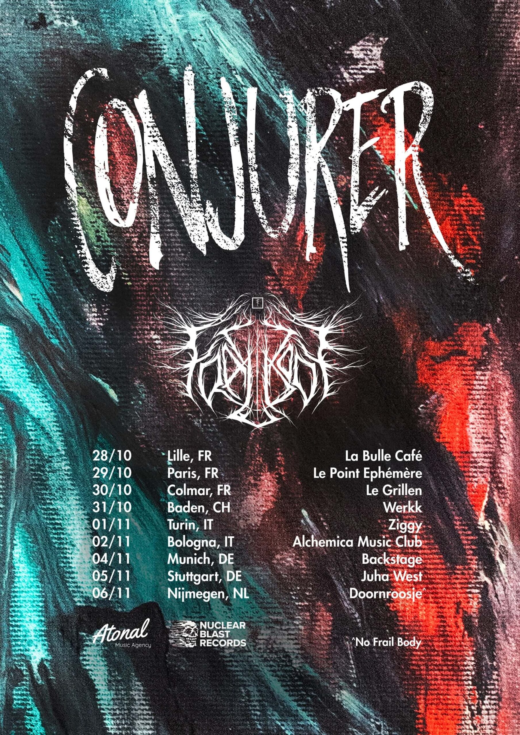 Poster for Conjurer’s 2025 European tour. Features abstract, dark brushstroke art and lists dates with support from Frail Body.