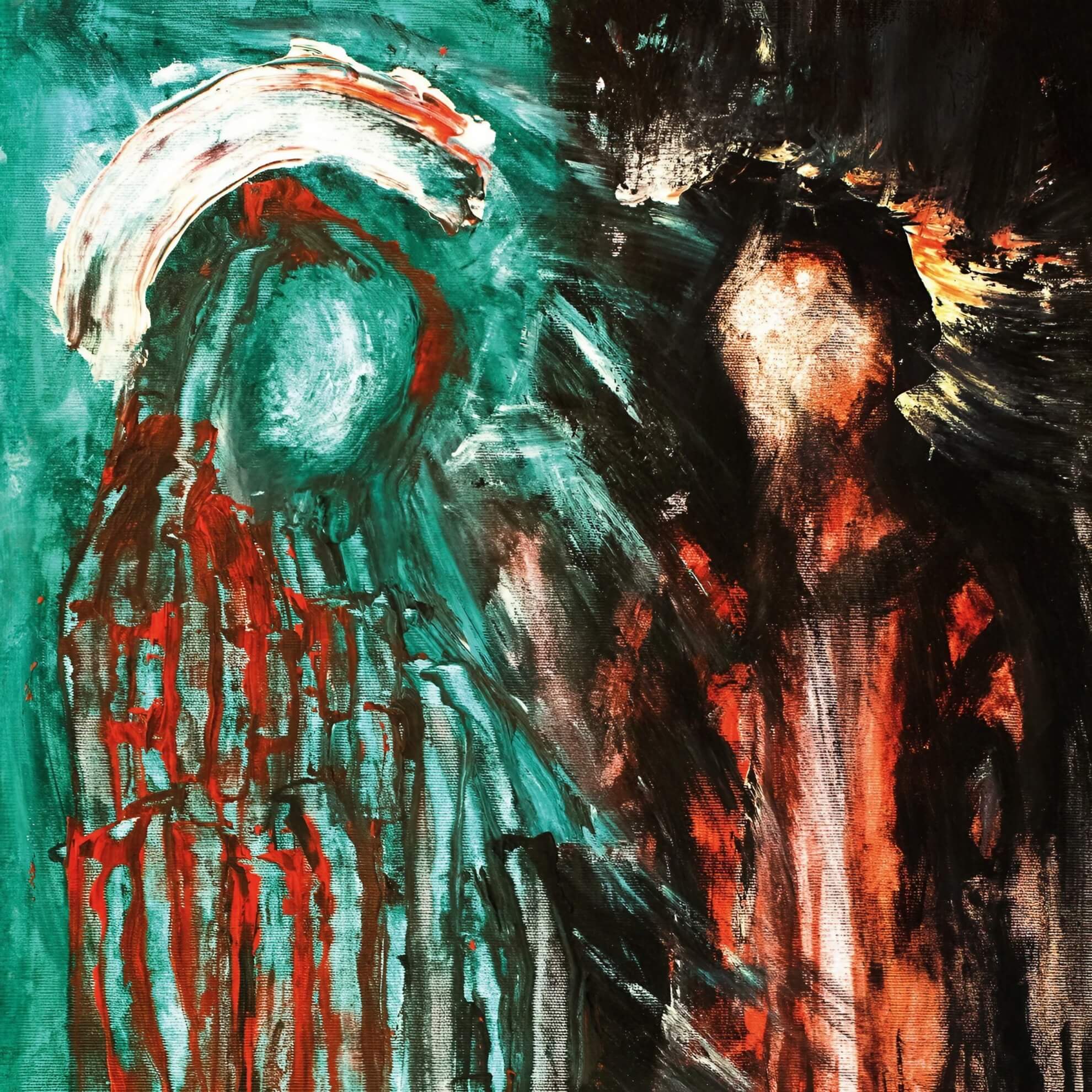 Cover for ‘Unself.’ Abstract art of two figures, one against teal with red drips, the other dissolving into darkness.
