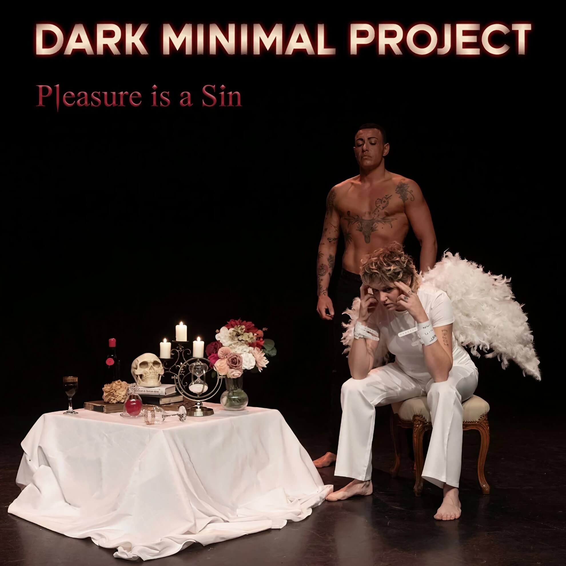 Album cover for ‘Pleasure Is A Sin.’ A seated angel looks distressed beside a table with a skull; a tattooed man stands behind.