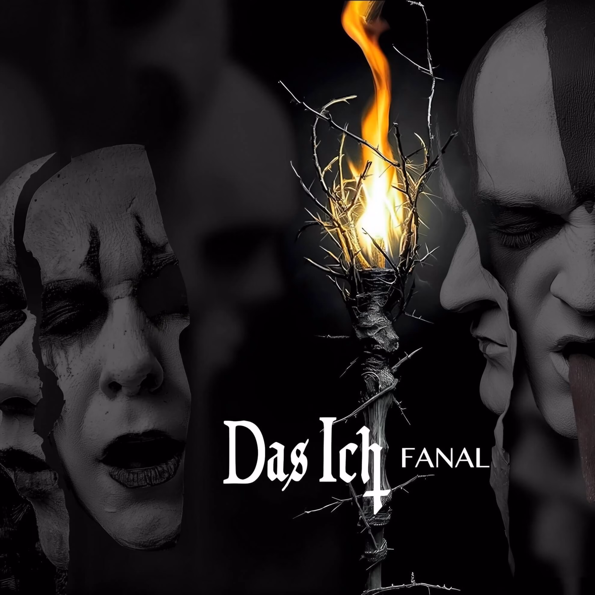 Album cover for &lsquo;Fanal.&rsquo; A flaming torch is centered between two faces in black and white makeup, on a dark background.