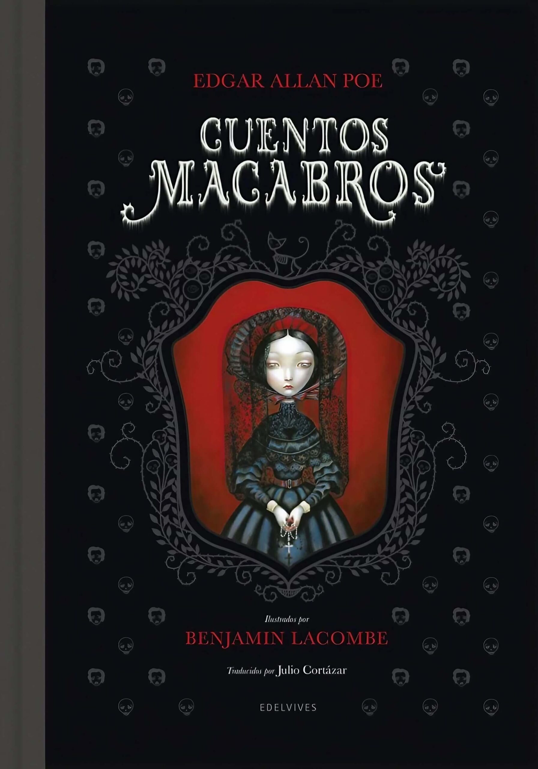 The cover of ‘Cuentos Macabros’ by Edgar Allan Poe. A pale figure in dark Victorian dress is framed against a red background.