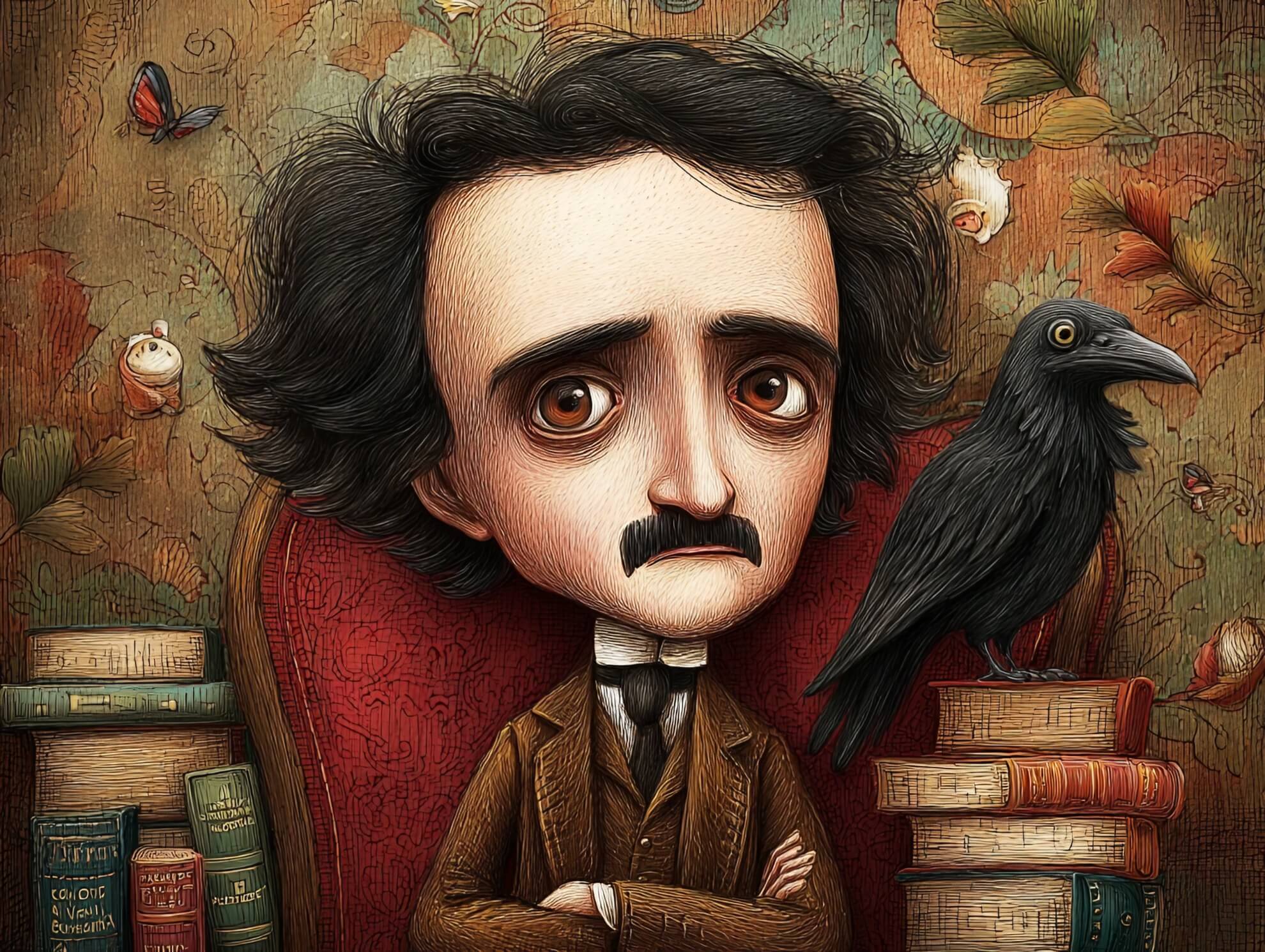 A stylized illustration of Edgar Allan Poe with large, sad eyes. A raven sits on a stack of books to his right.