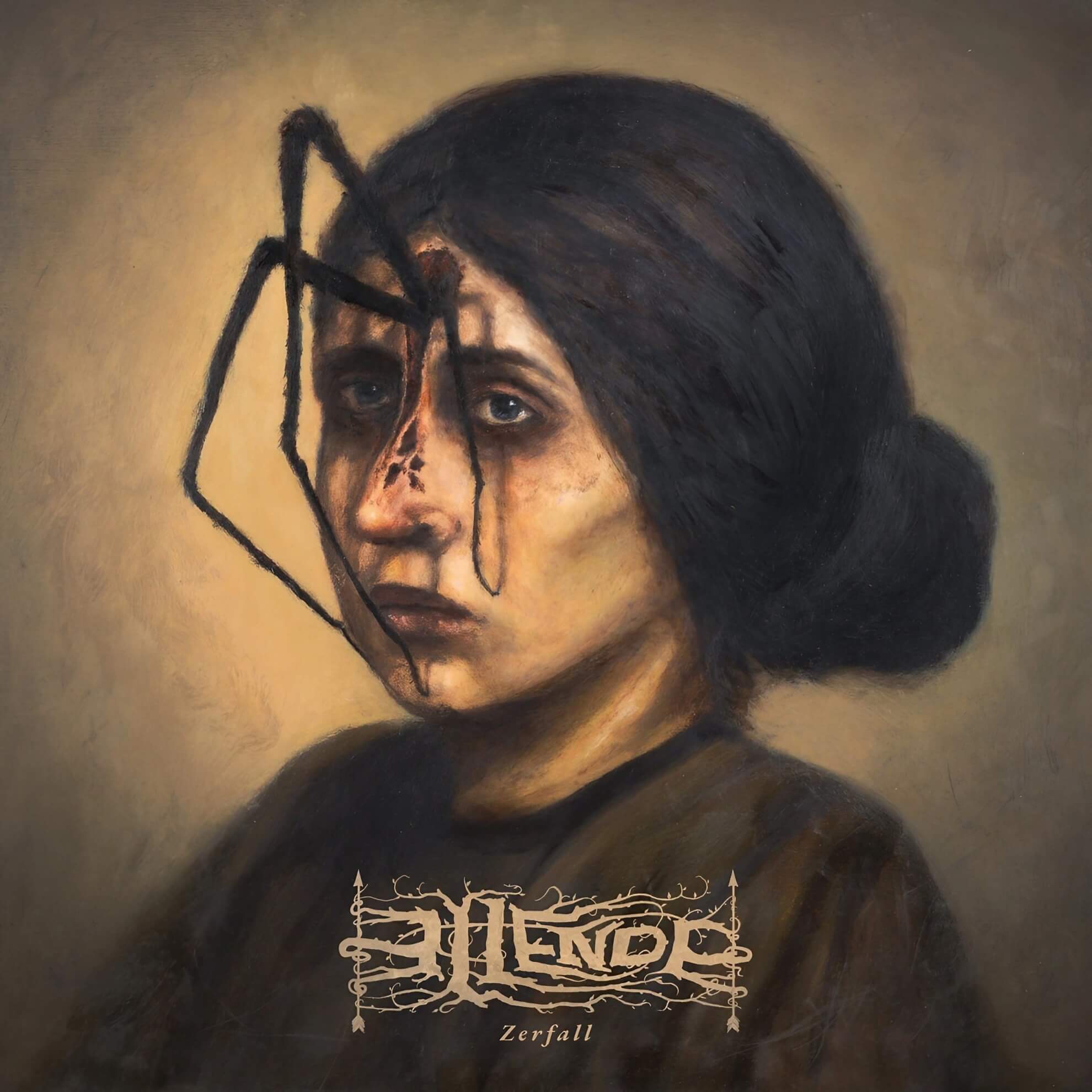 Oil painting of a woman’s somber portrait. A large black spider grips her face, and dark tears streak from her eyes.
