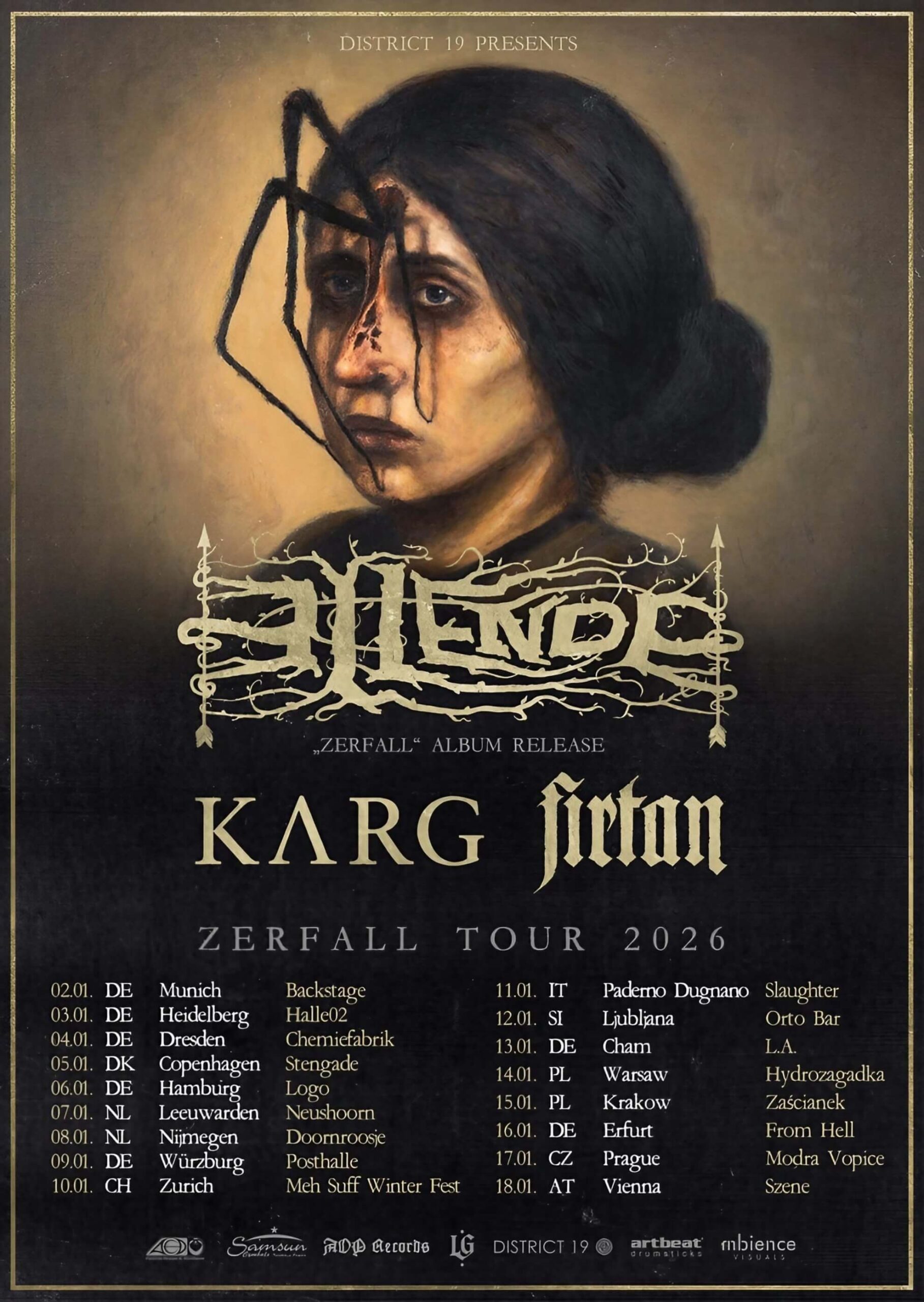 Poster for the Zerfall Tour 2026, featuring Ellende, Karg, and Firtan. Artwork shows a woman with a spider on her face.