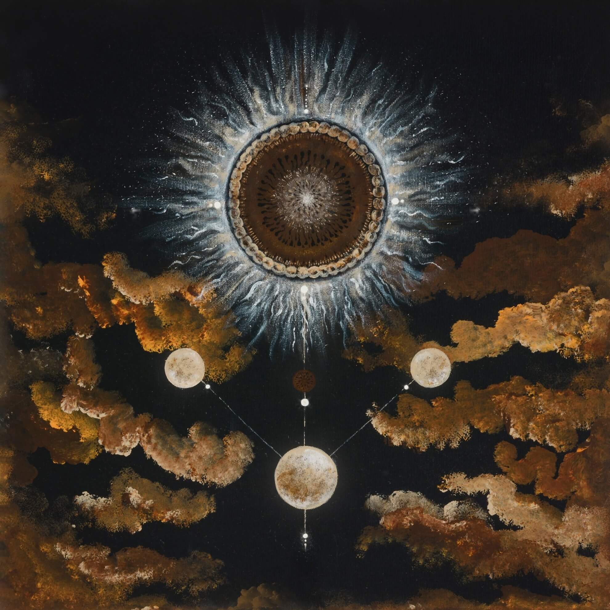 A radiant, mandala-like sun shines over four moons connected by lines, amidst brown and golden clouds in a dark sky.