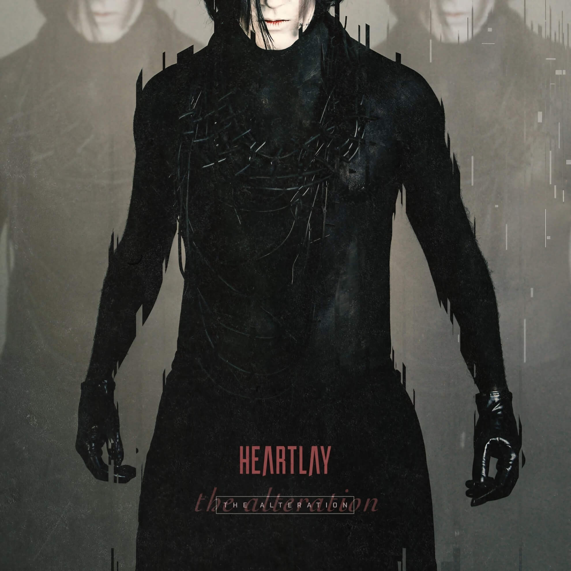 A central figure in black textured clothing is flanked by two faded echoes. The image is overlaid with digital glitch effects.