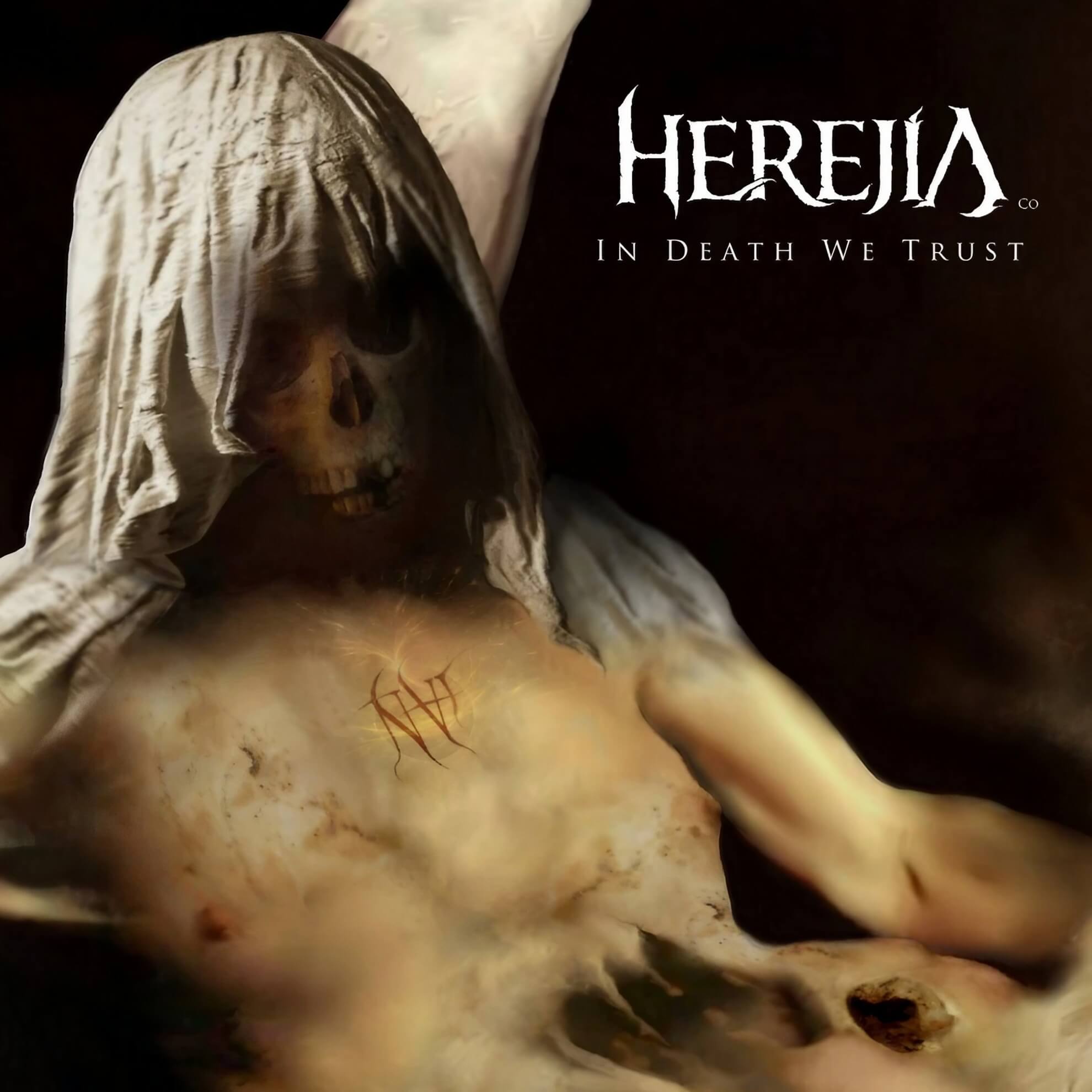 Single cover for ‘In Death We Trust.’ A skeletal figure with a shrouded head and a glowing wound on its chest.