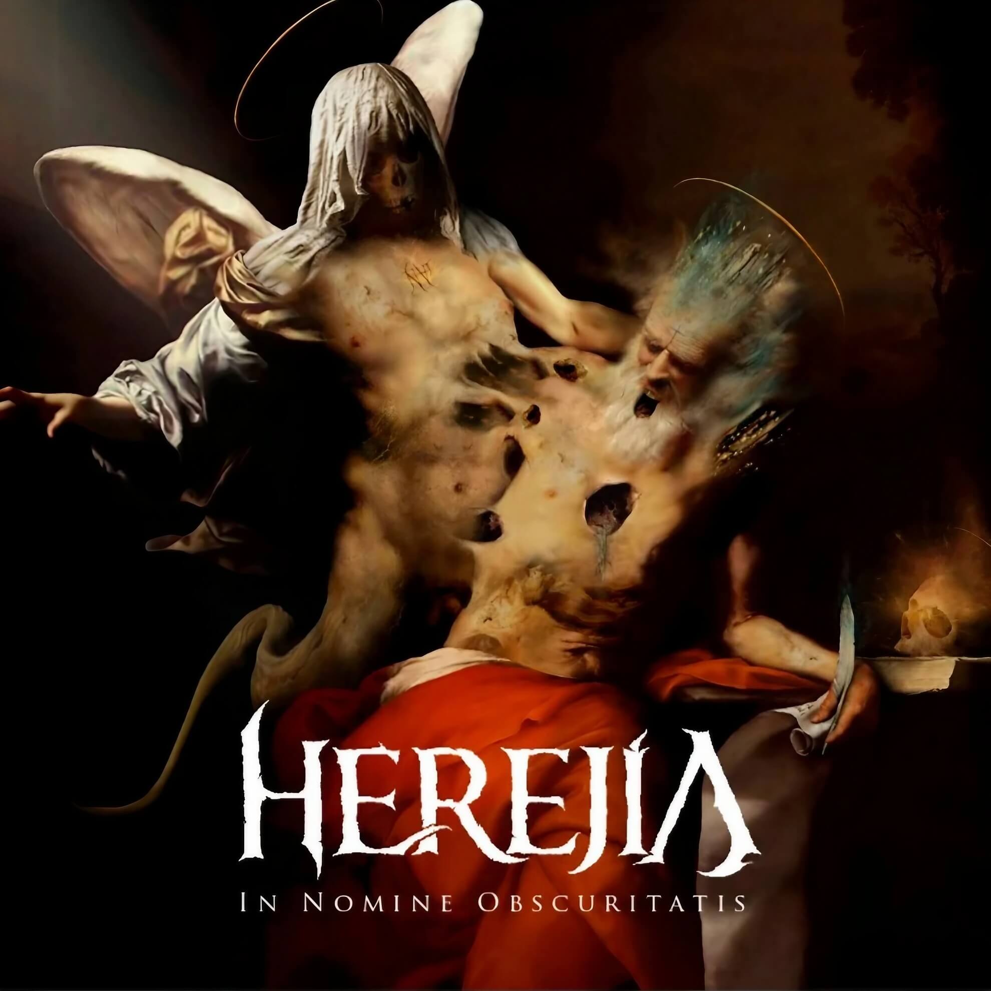 Album cover for ‘In Nomine Obscuritatis.’ A dark, baroque-style painting of contorted, angelic, and demonic figures.