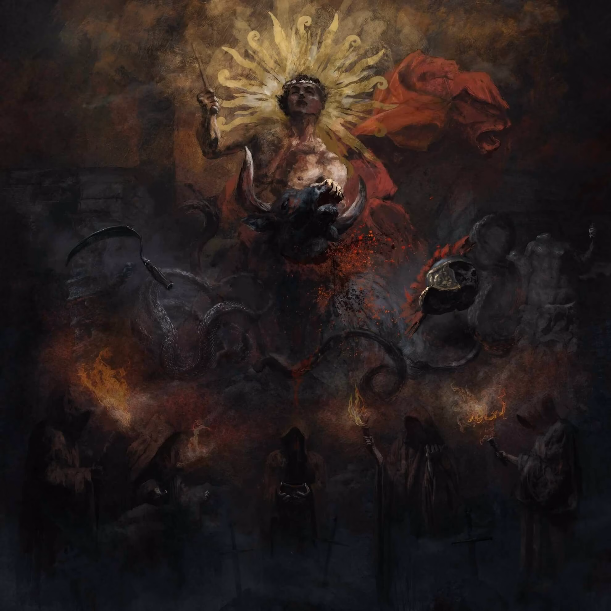 Album cover for &lsquo;Divinum Sanguinem.&rsquo; A figure with a sun halo stabs a bull as robed figures watch below in a dark setting.