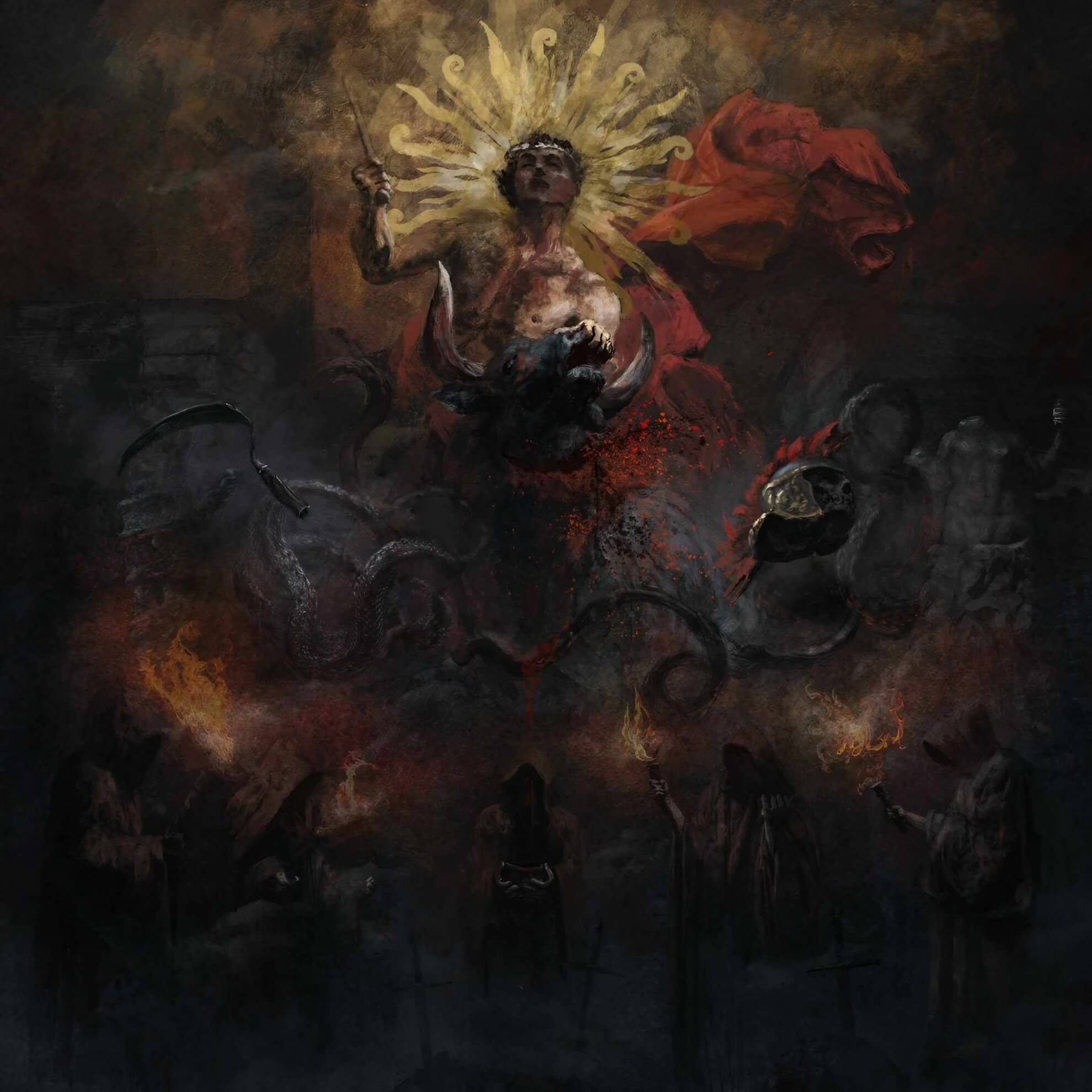 Album cover for ‘Divinum Sanguinem.’ A figure with a sun halo stabs a bull as robed figures watch below in a dark setting.