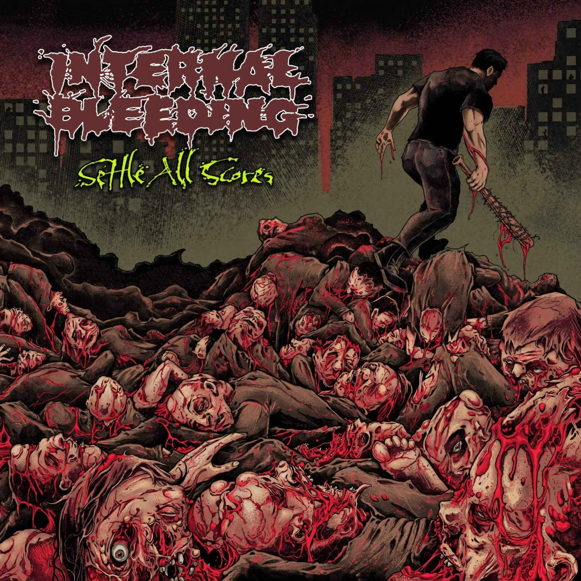 Album cover for ‘Settle All Scores.’ A man with a bat stands atop a large pile of bloody bodies before a dark city skyline.