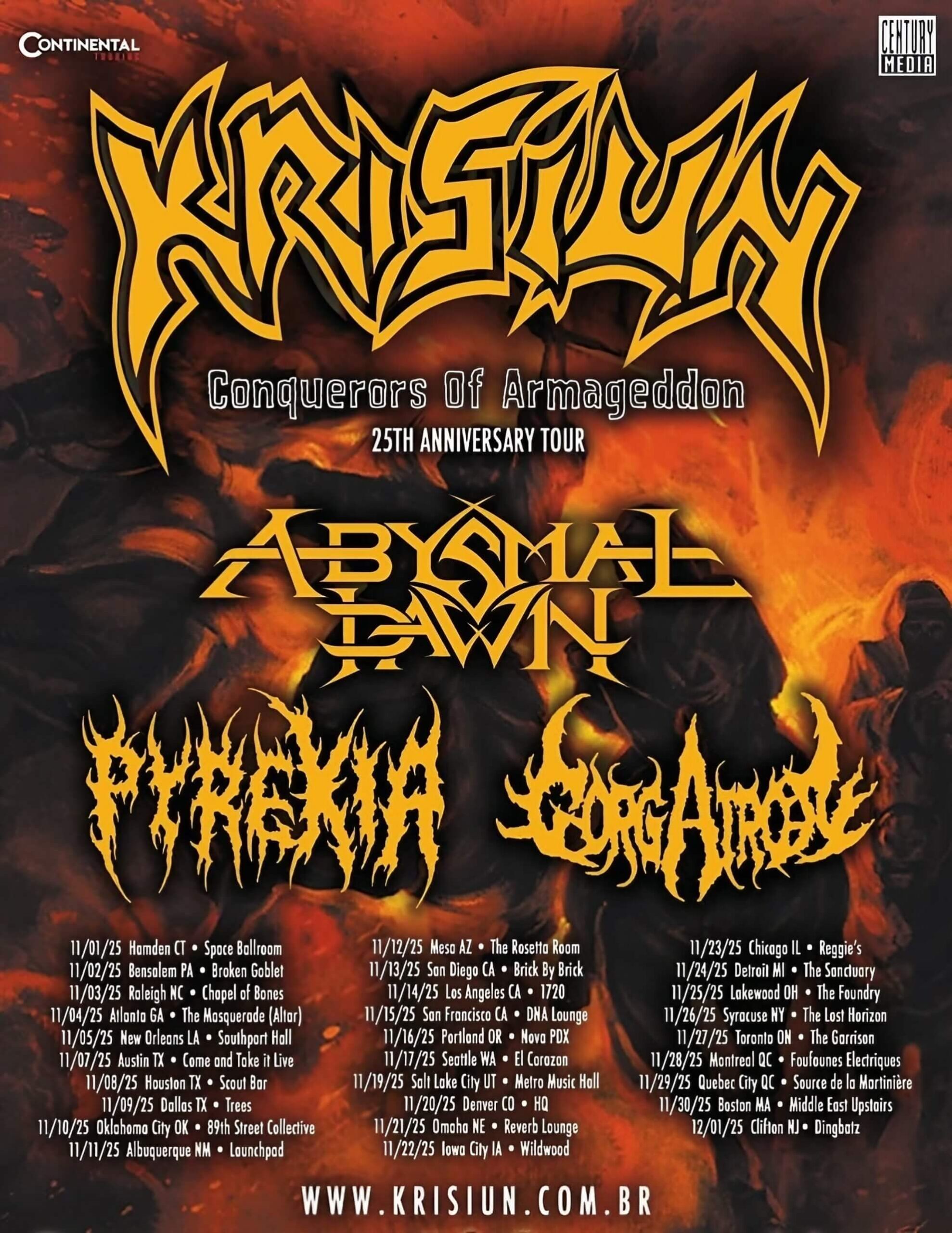 Poster for the Conquerors Of Armageddon tour. Features logos for Krisiun, Abysmal Dawn, Pyrexia, and Gorgatron.