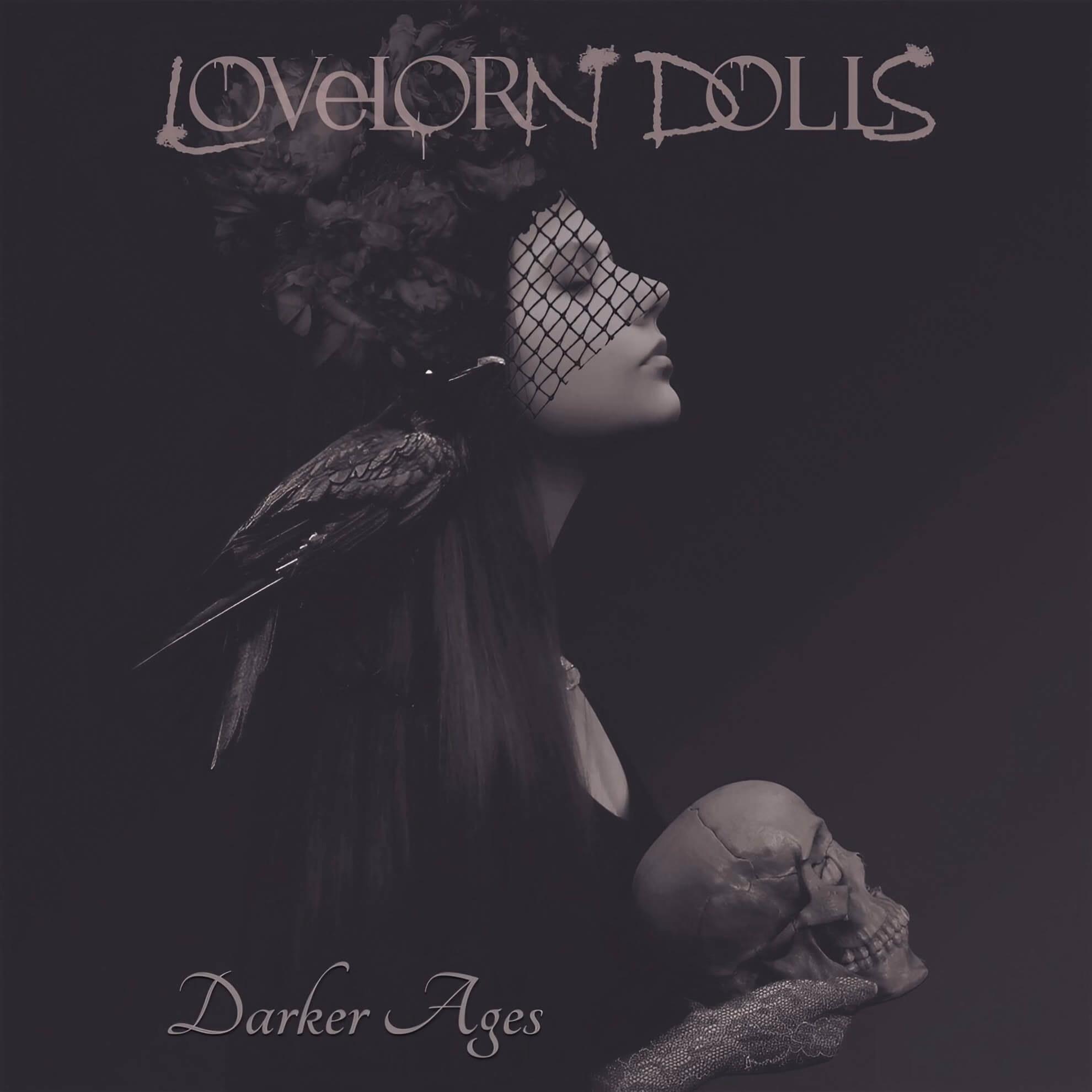 Lovelorn Dolls: Giving Voice to Ghosts, Mining History on ‘True Crimes’ Album cover for ‘Darker Ages.’ A veiled woman in profile holds a human skull, with a raven perched on her shoulder.