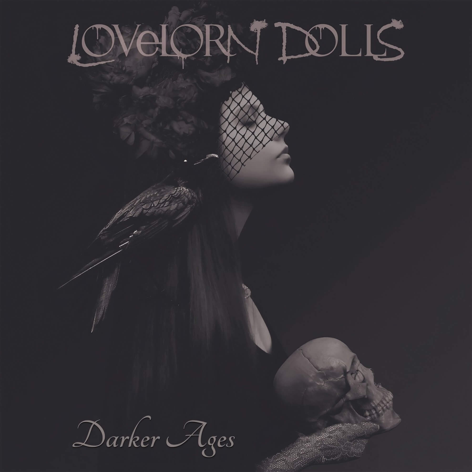 Album cover for ‘Darker Ages.’ A veiled woman in profile holds a human skull, with a raven perched on her shoulder.