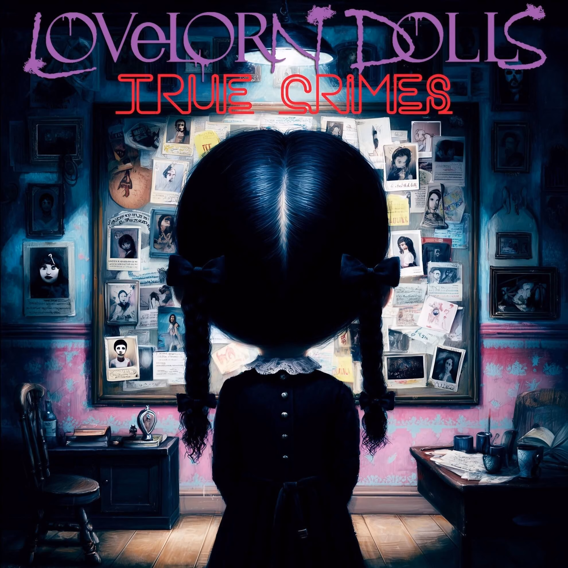 Lovelorn Dolls: Giving Voice to Ghosts, Mining History on ‘True Crimes’ Album cover for ‘True Crimes.’ A girl with pigtails faces a detective’s evidence board in a dark, moody room.