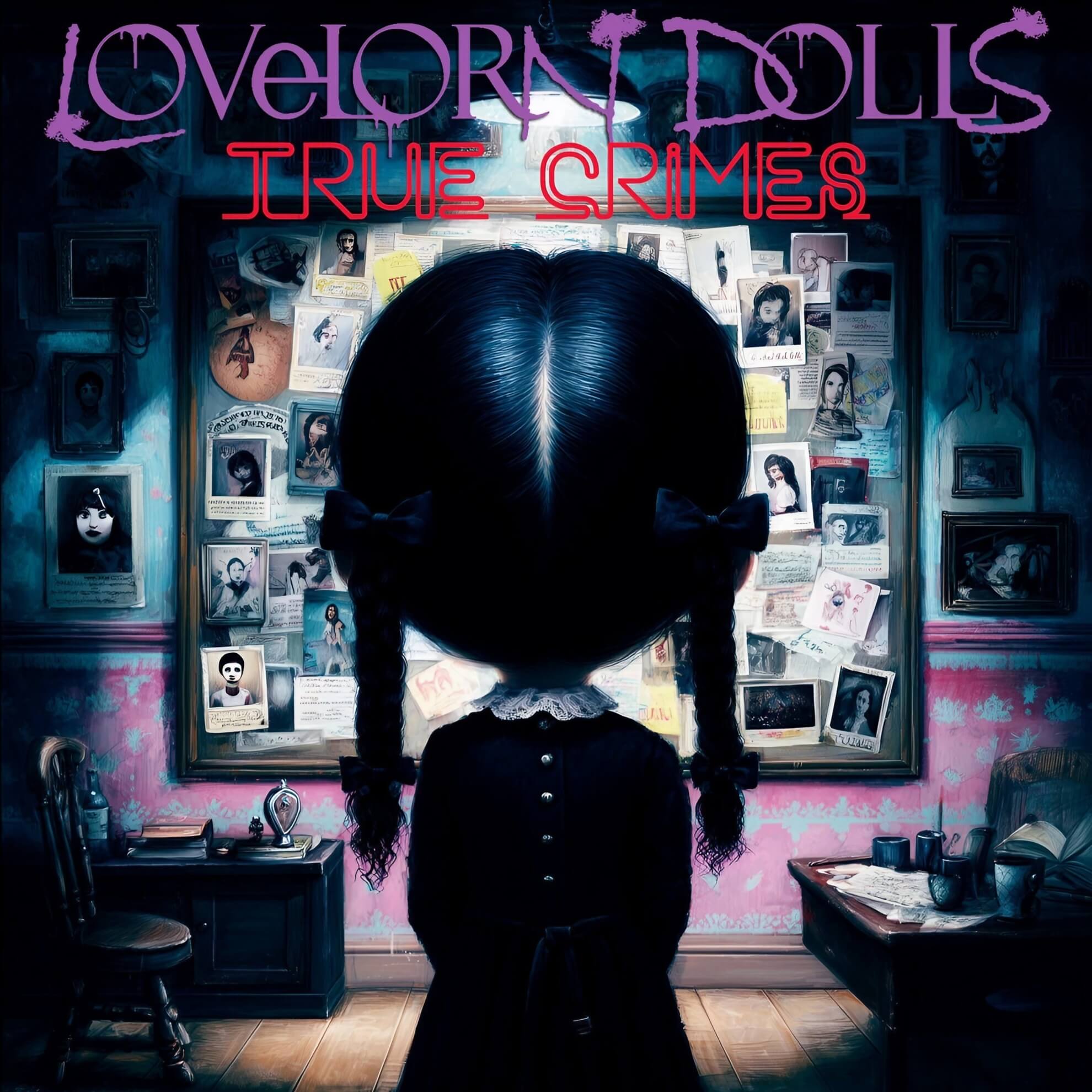 Album cover for ‘True Crimes.’ A girl with pigtails faces a detective’s evidence board in a dark, moody room.