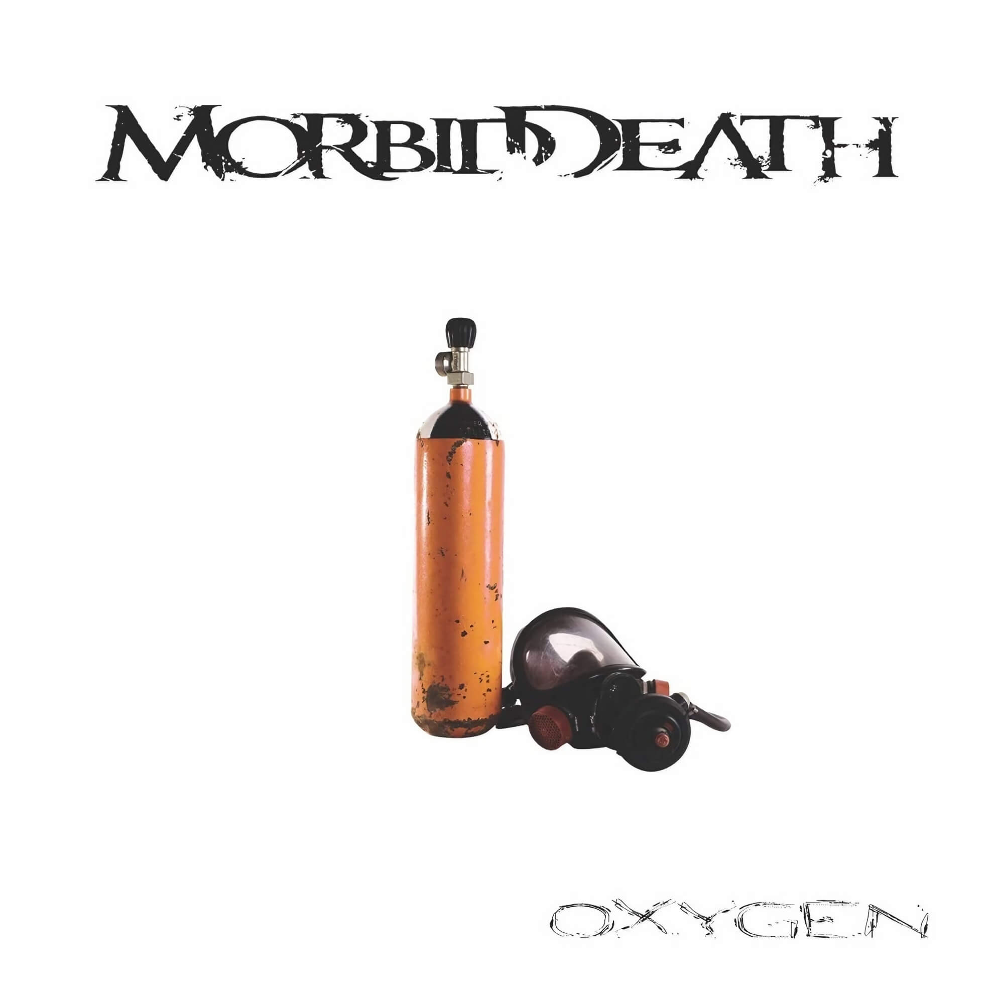 Album cover for ‘Oxygen.’ An orange oxygen tank and a black mask are centered on a stark white background.