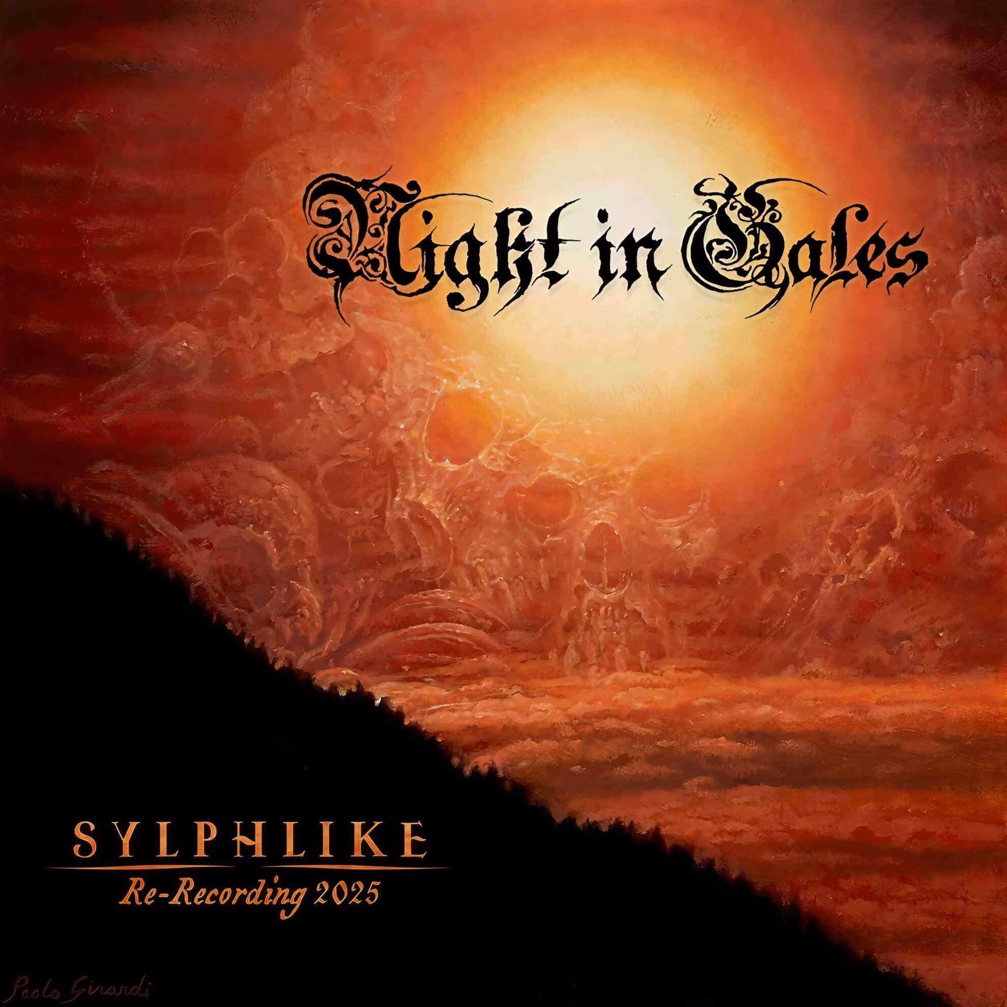 A red-orange sky with a bright sun over a landscape of skulls. The band&rsquo;s logo and album title are in the center.