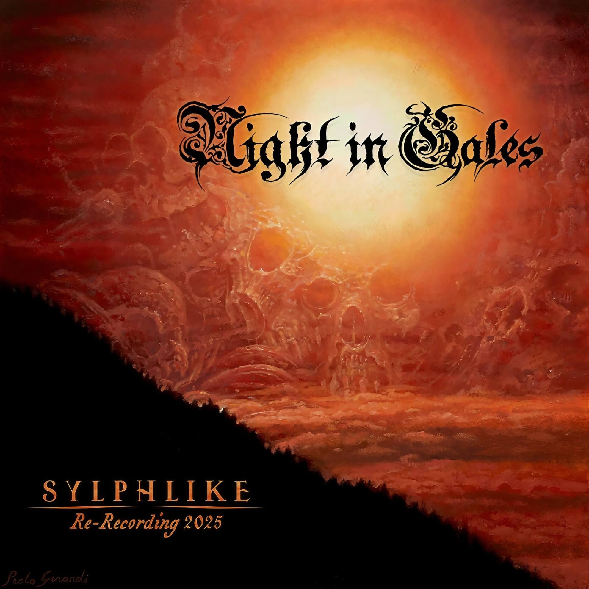 A red-orange sky with a bright sun over a landscape of skulls. The band’s logo and album title are in the center.