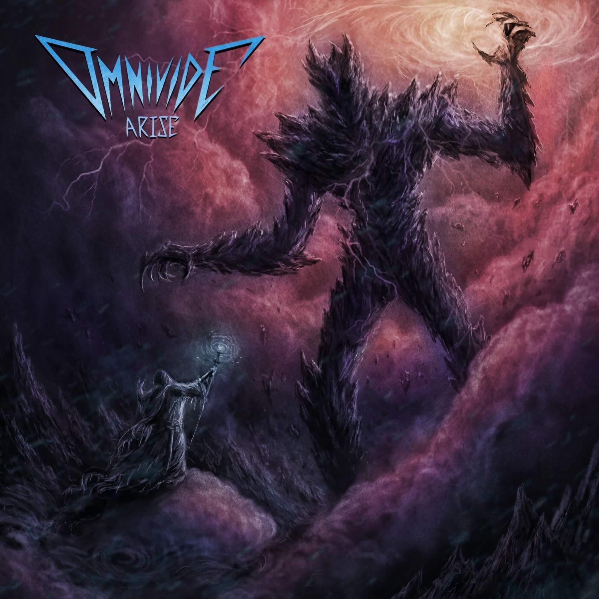 Album cover for ‘Arise.’ A knight with a glowing sword stands before a massive, fiery creature rising from a chasm.