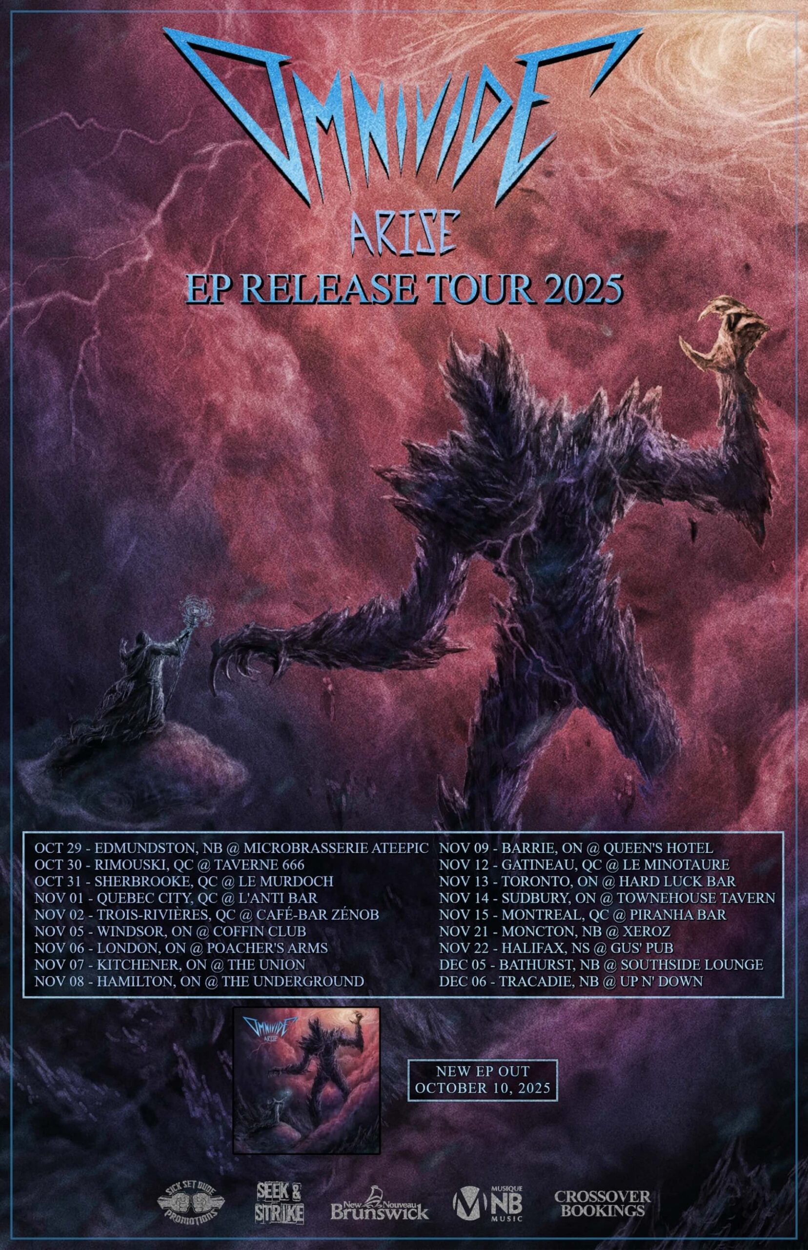 Poster for the Omnivide ‘Arise’ EP Release Tour 2025, featuring artwork of a monstrous figure and listing tour dates.