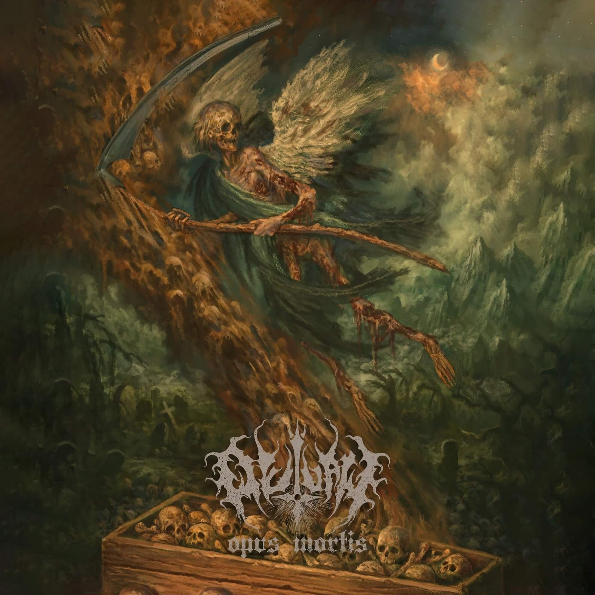 Album cover for ‘Opus Mortis.’ A winged skeleton with a scythe soars over a dark landscape littered with skulls.