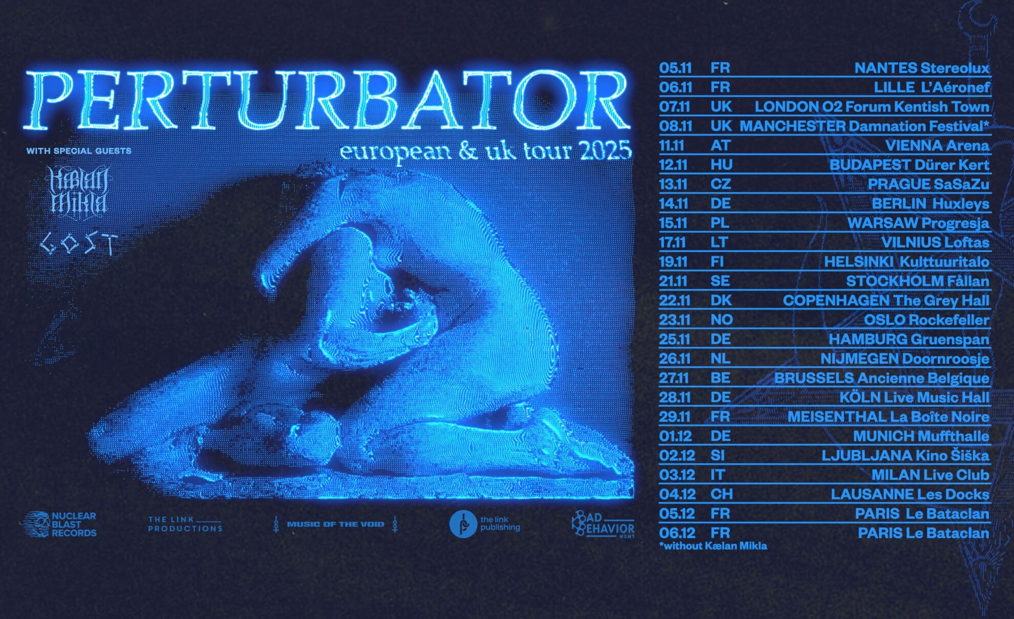 Poster for Perturbator’s 2025 tour with Kælan Mikla and GOST. Features a grainy, blue-lit image of a classical sculpture.