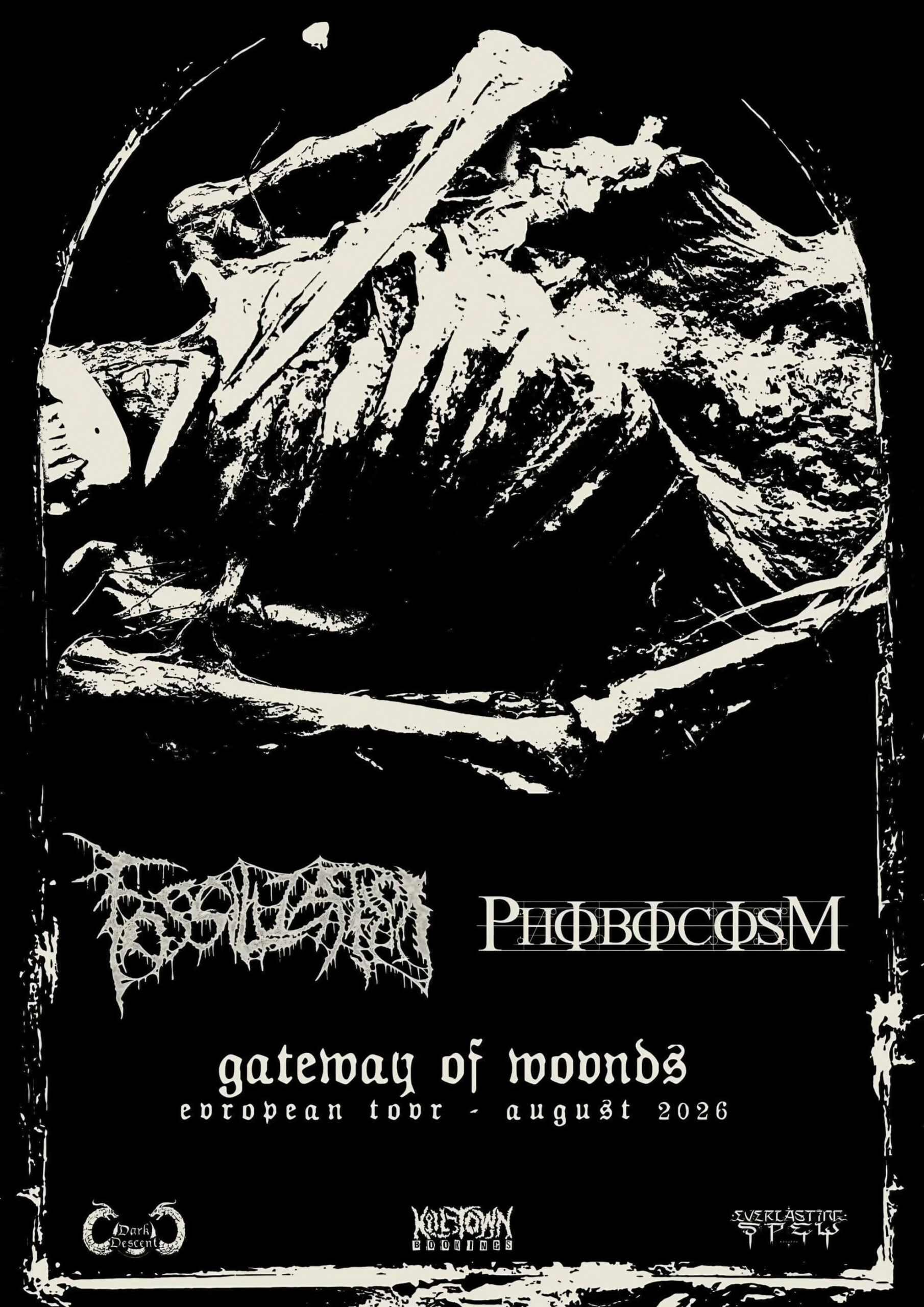 Poster for the Gateway of Wounds tour with Phobocosm and Fossilization. Features artwork of a skeletal figure.