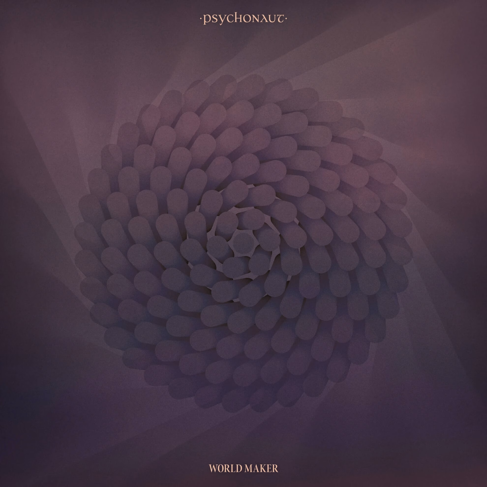Album cover for &lsquo;World Maker.&rsquo; A purple, spiraling, 3D flower-like shape on a dark, textured background.