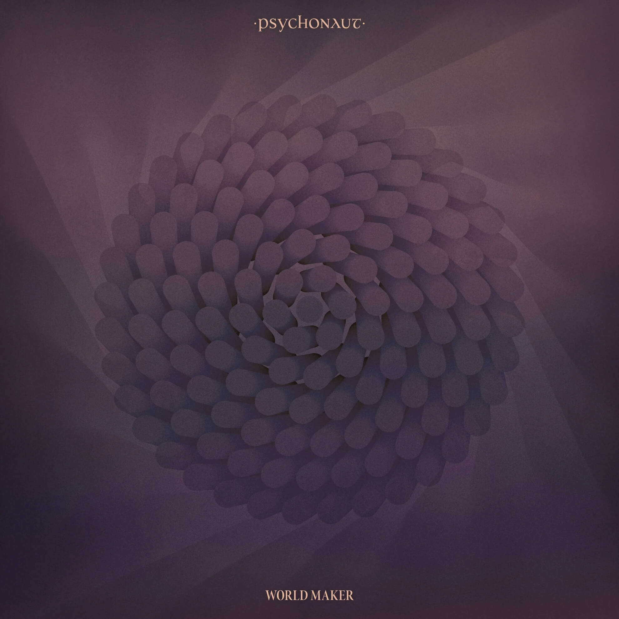 Album cover for ‘World Maker.’ A purple, spiraling, 3D flower-like shape on a dark, textured background.