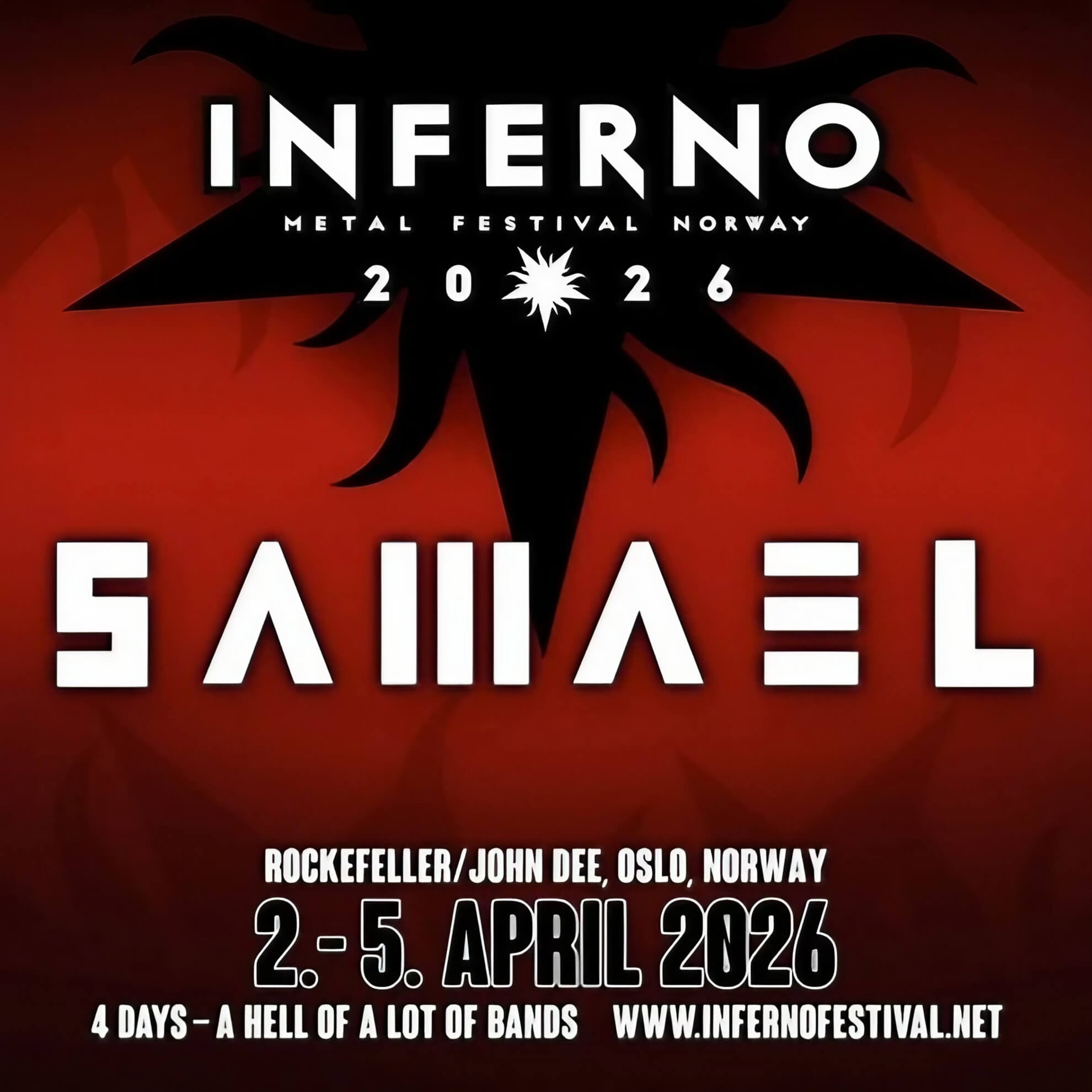 Poster for Inferno Metal Festival 2026. Features a red and black design and lists Samael as a performing act.