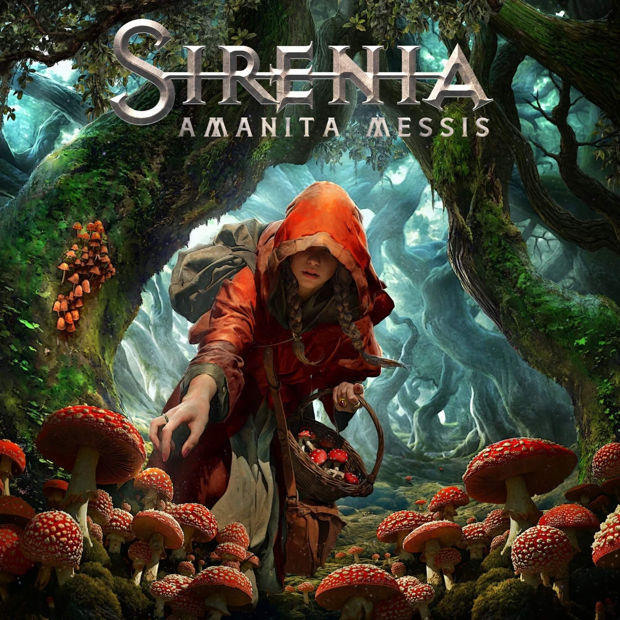 Album cover for ‘Amanita Messis.’ A hooded figure in red forages for red-and-white mushrooms in a lush, magical forest.