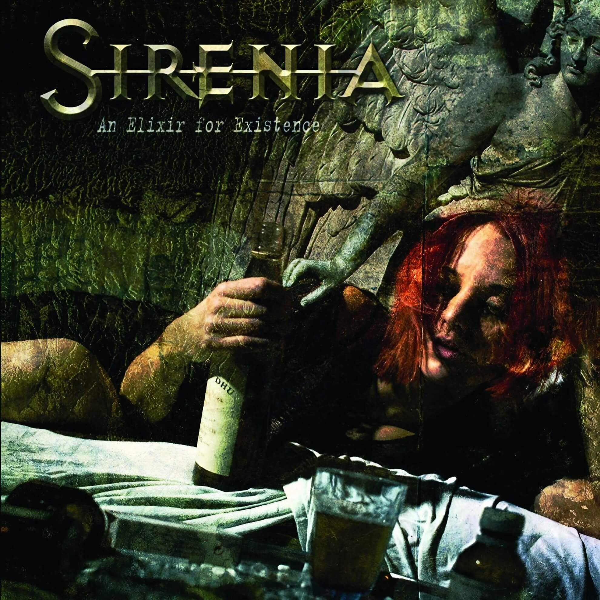 Album cover for ‘An Elixir for Existence.’ A red-haired woman lies with a bottle, as a stone angel looms behind her.
