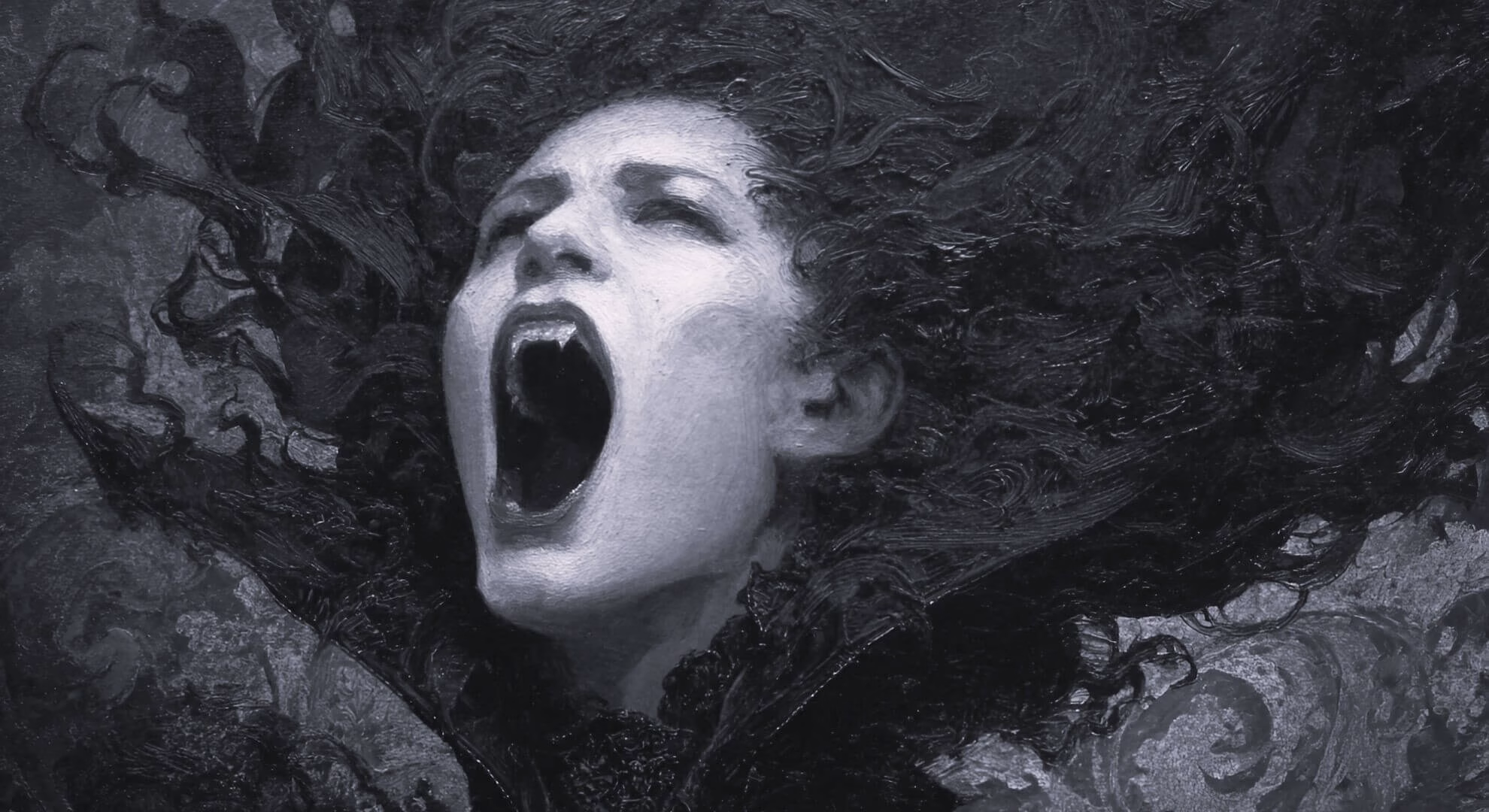A split-panel artwork contrasts a weeping ancient queen in ruins with a poised, shadowy vampire on a foggy London street.