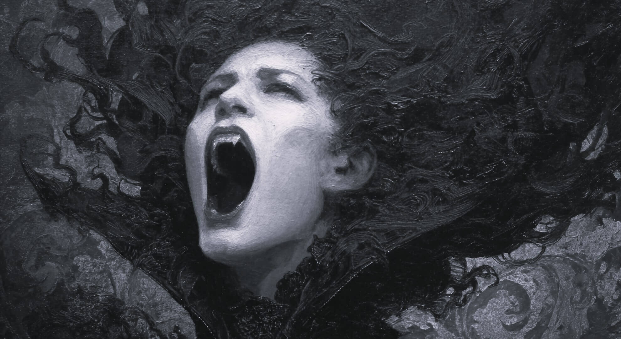 A split-panel artwork contrasts a weeping ancient queen in ruins with a poised, shadowy vampire on a foggy London street.