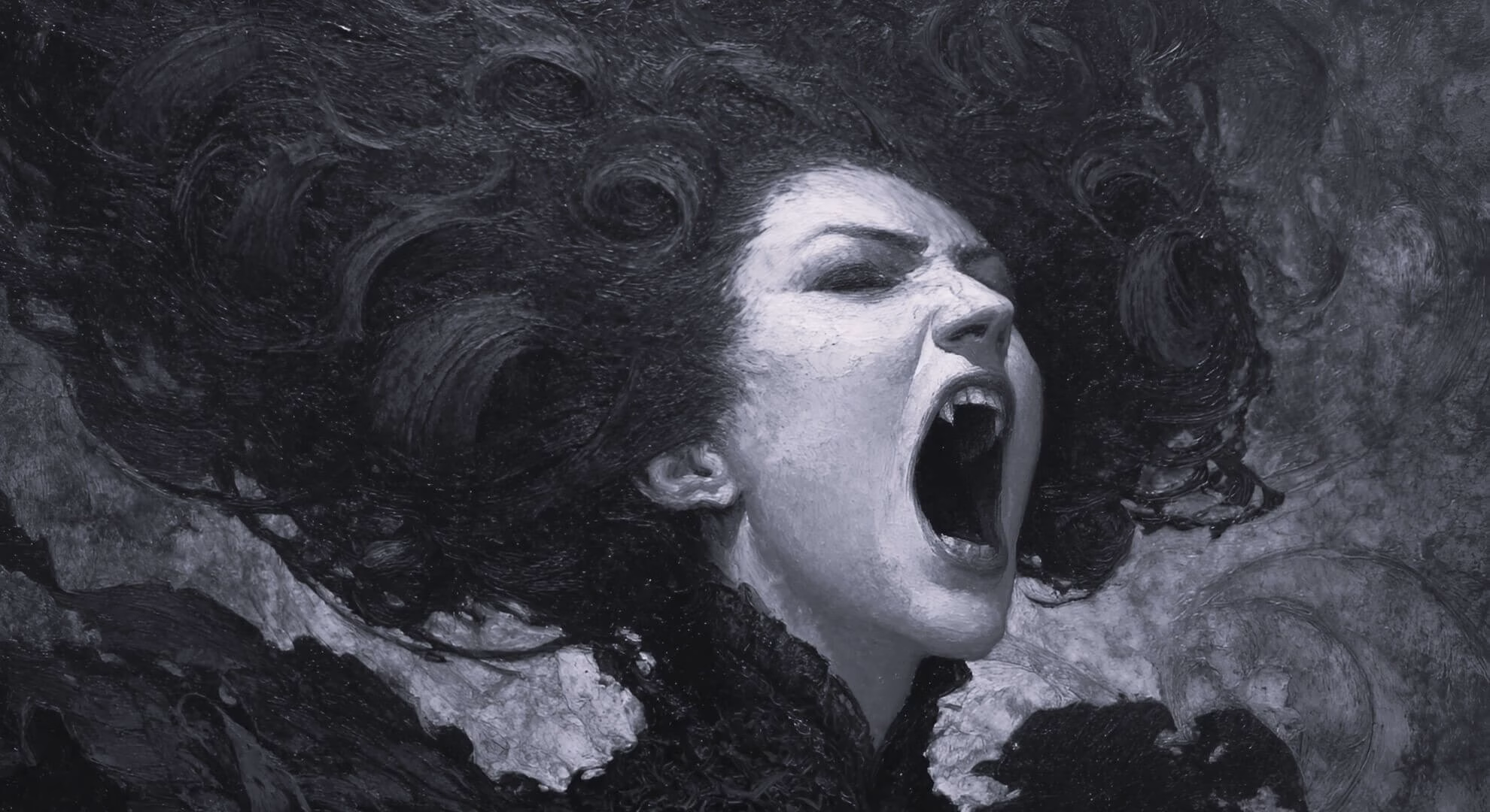 An illustration depicts a grieving queen transforming into a serpentine monster amidst ancient ruins.