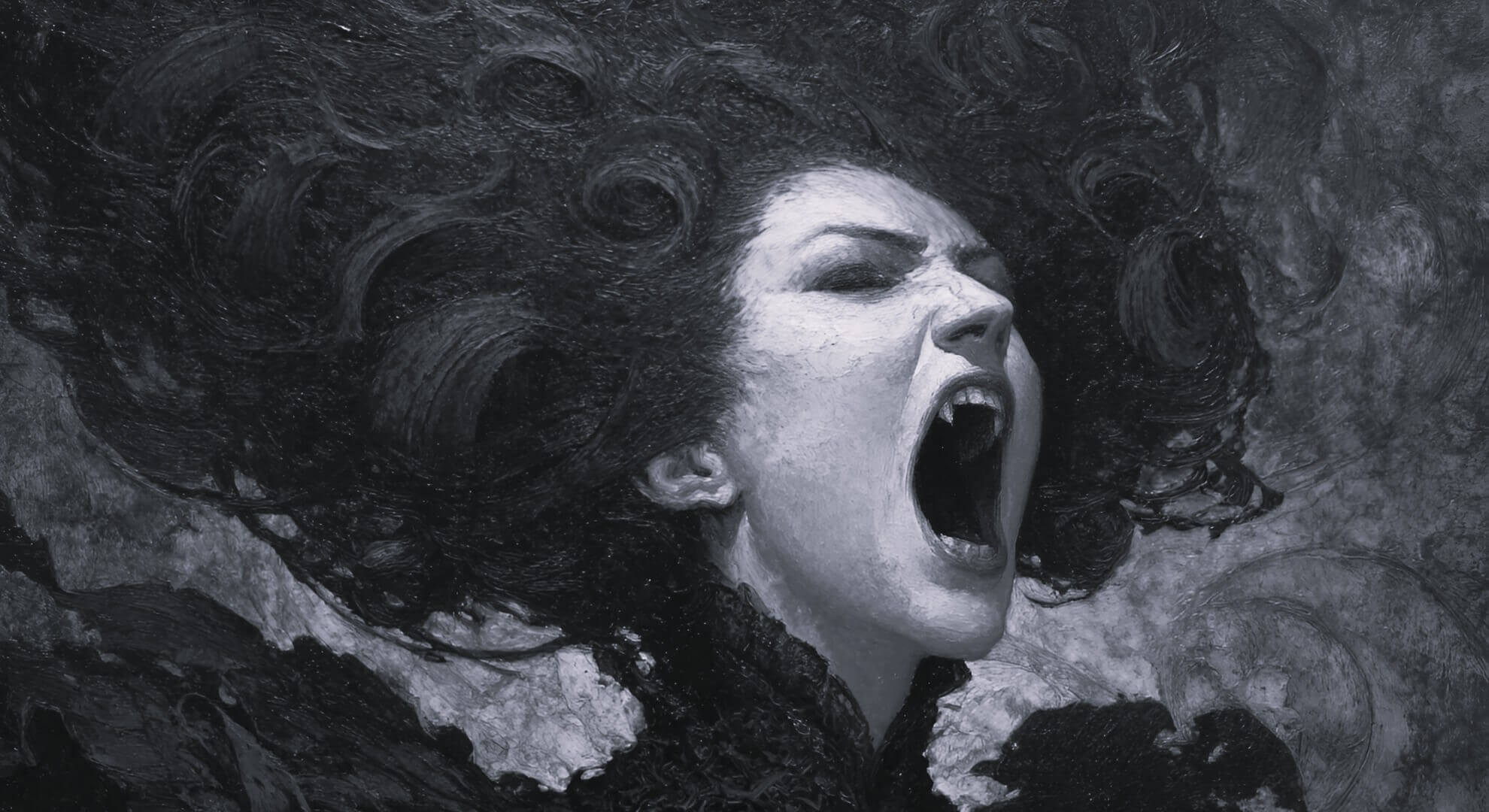 An illustration depicts a grieving queen transforming into a serpentine monster amidst ancient ruins.