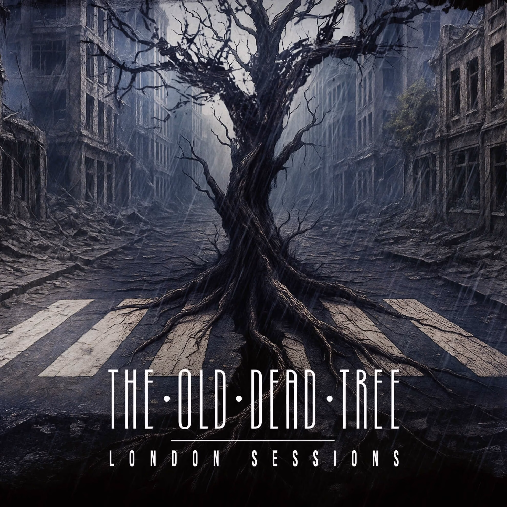 Album cover for &lsquo;London Sessions.&rsquo; A gnarled, dead tree grows through a crosswalk in a ruined, rainy city street.