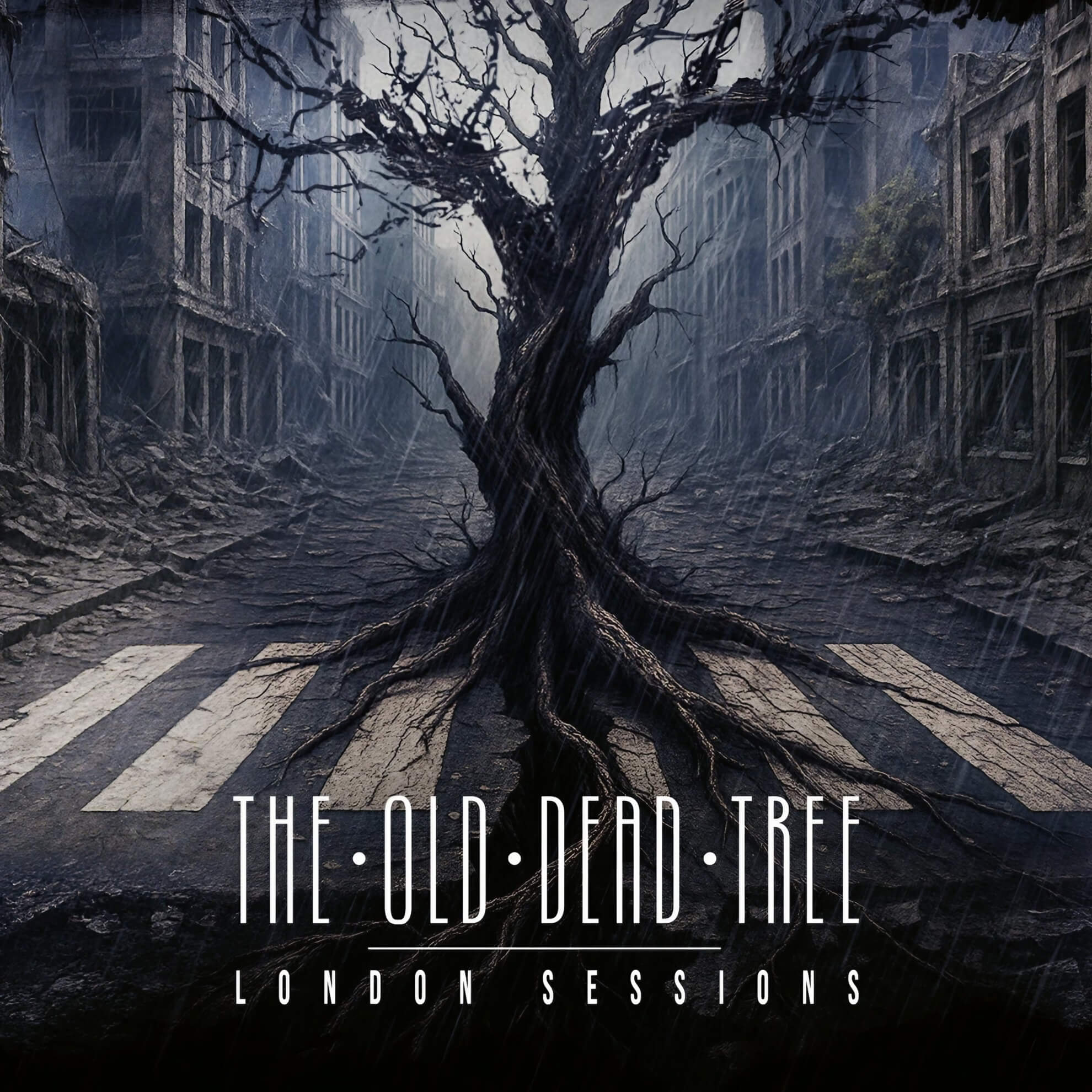 Album cover for ‘London Sessions.’ A gnarled, dead tree grows through a crosswalk in a ruined, rainy city street.